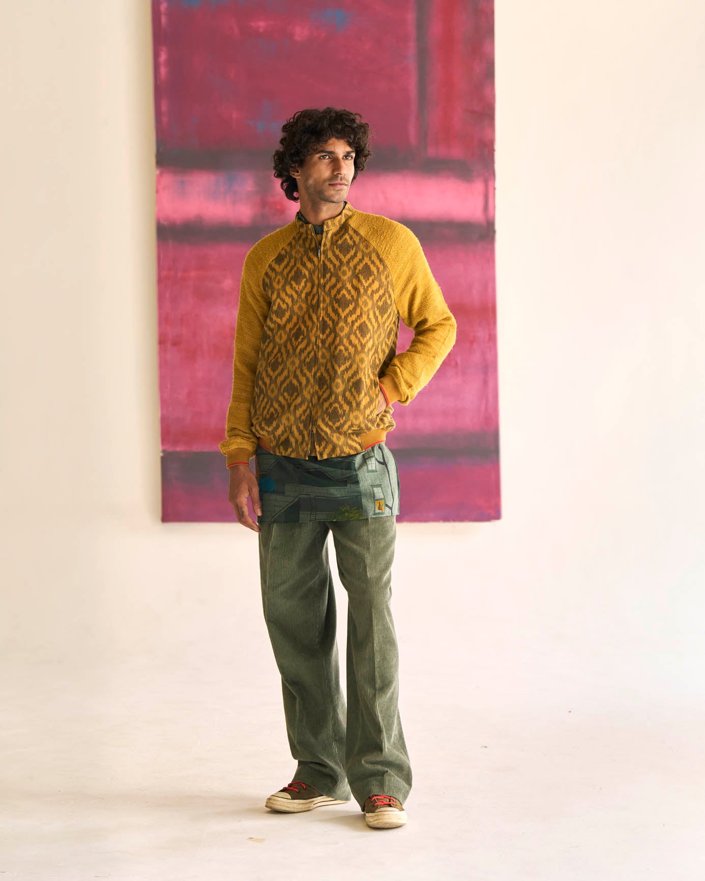 Jaanbaaz Bomber Jacket - Cotton Eri Silk Mustard Ikat Print - Stylish Lightweight Coat for Men & Women - Perfect for Casual Wear, Street Fashion & Fall Layering