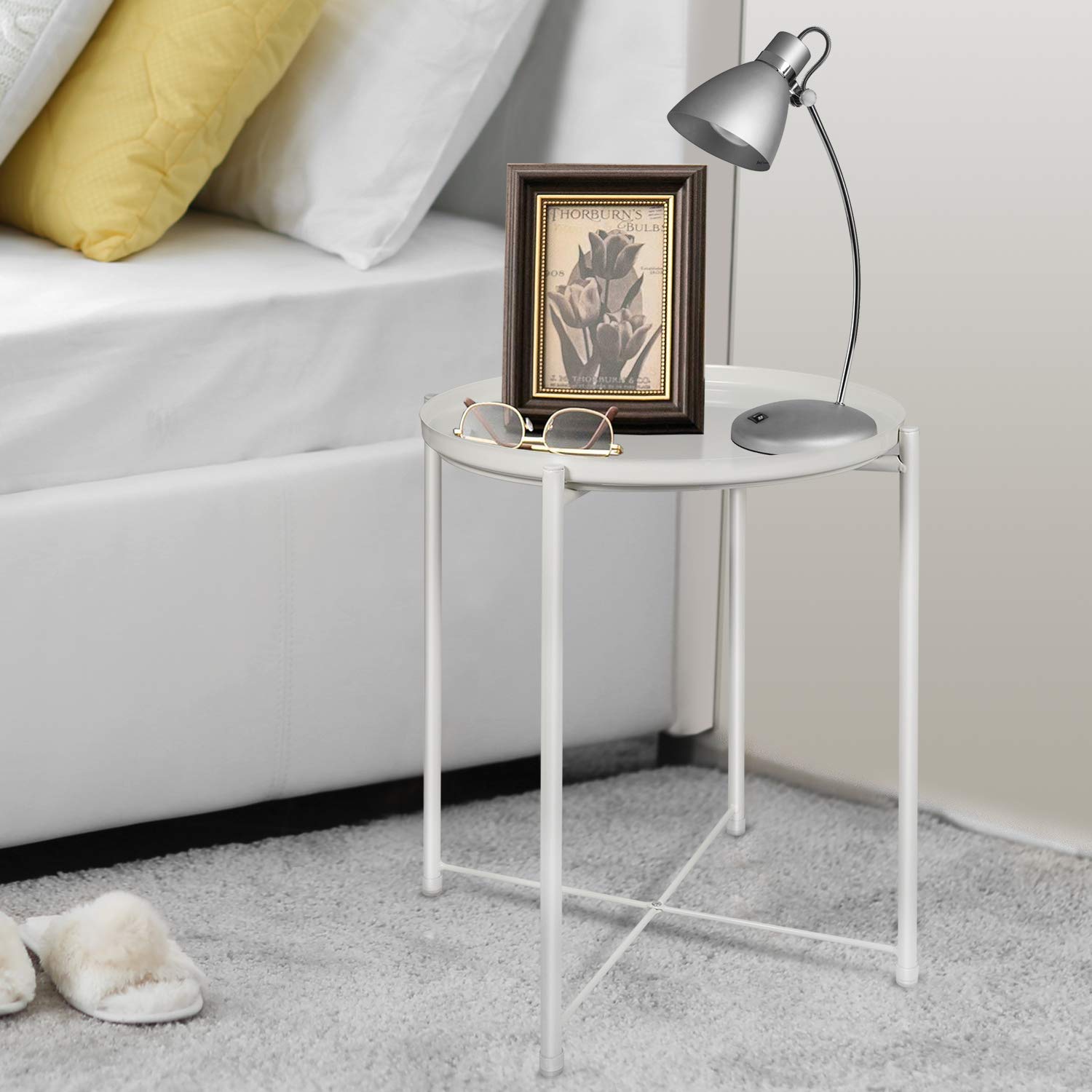 Round Metal Tray End Table - Small Side Table with Removable Tray for Living Room, Bedroom, Outdoor & Indoor Use - Perfect Nightstand and Sofa Snack Table (White)