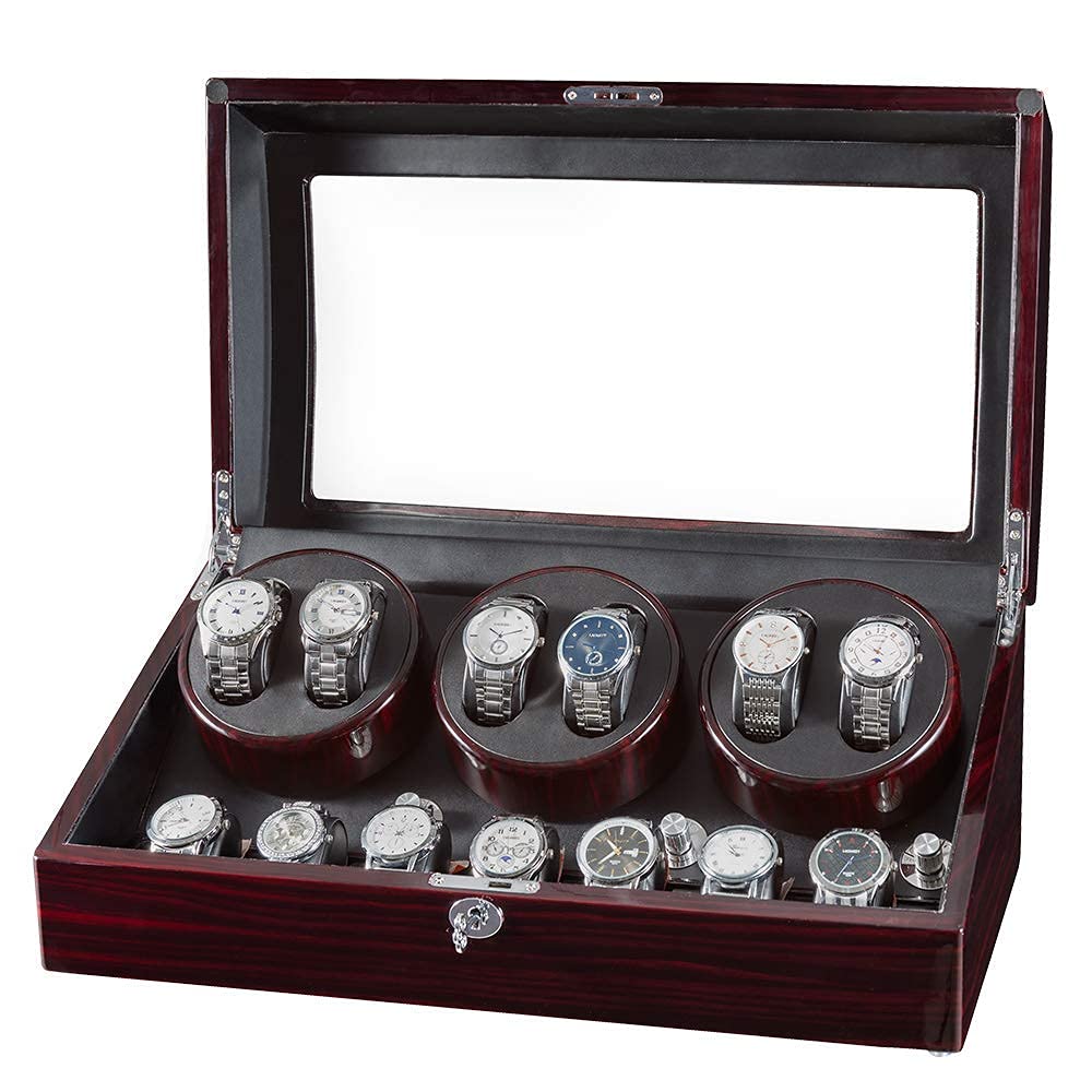 JQUEEN Automatic Watch Winder with 6 Watch Storage & 7 Watch Capacity - Ultra Quiet Japanese Motor & Soft Flexible Watch Pillows - Perfect for Luxury Watch Collection, Travel & Nightstand Storage