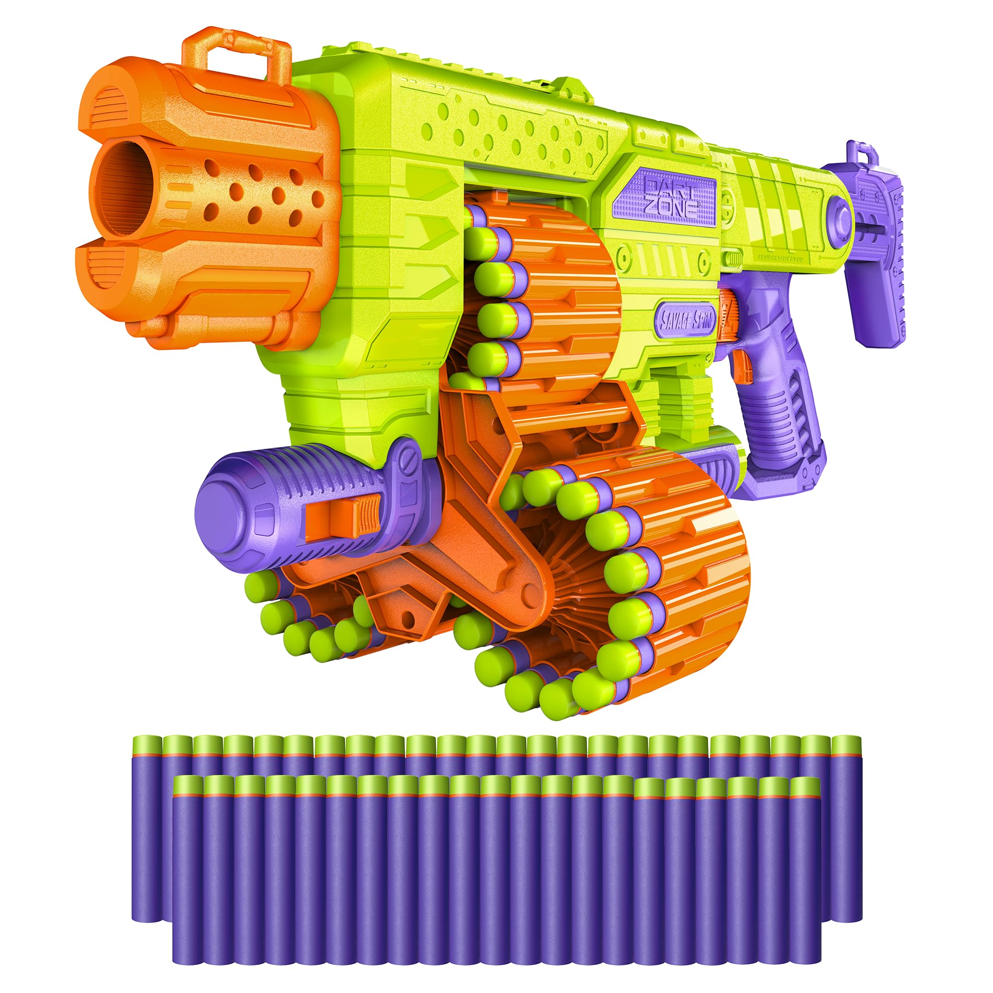DART ZONE Savage Spin Semi-Auto Foam Dart Blaster - Motorized Toy Gun with 45-Dart Triple Drum & 90 Foam Darts - NERF Compatible Soft Bullet Blaster for Kids - 80 ft Range - Perfect for Outdoor Battles, Backyard Games & Nerf War Parties