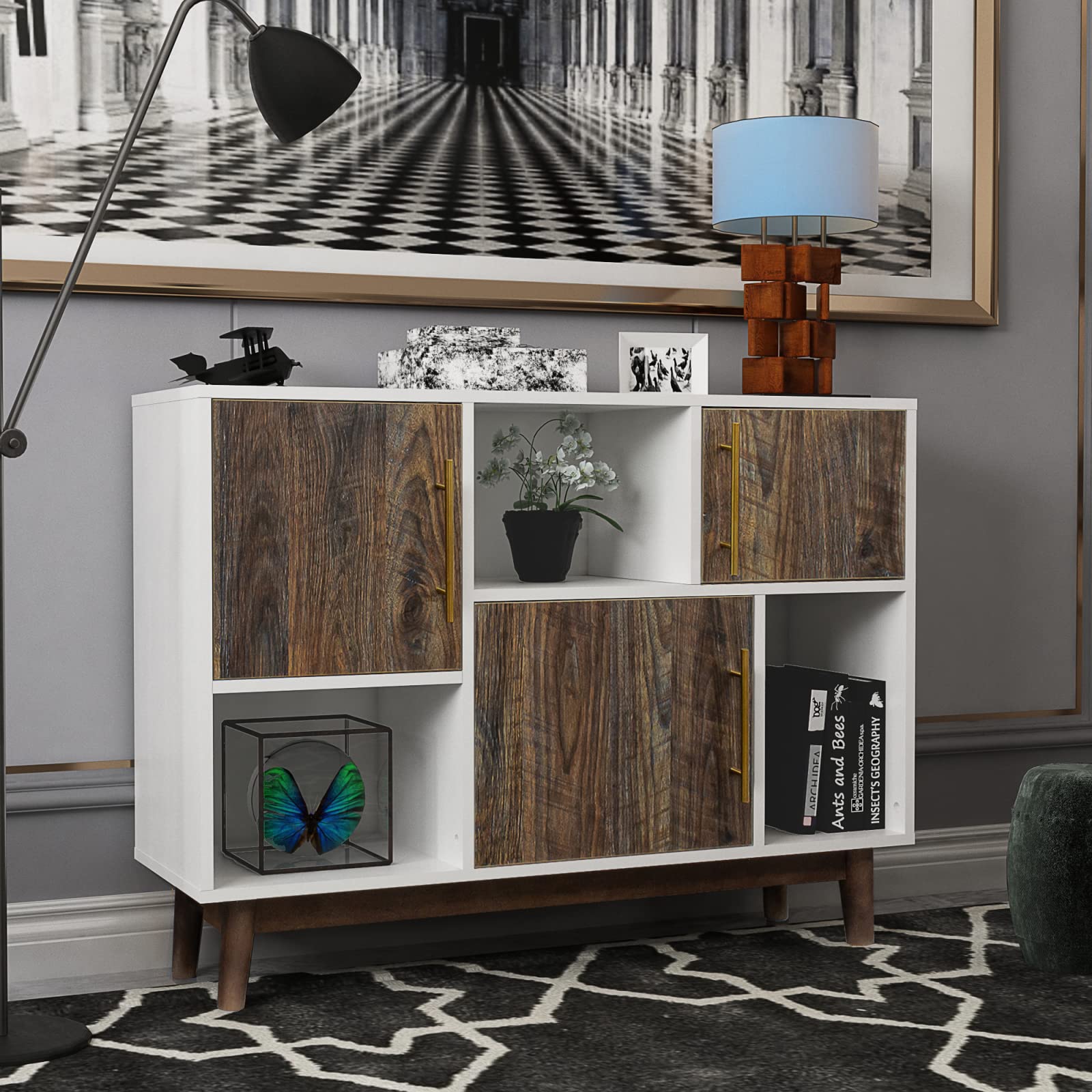 Modern Wood Buffet Sideboard with Doors & Display Shelves - Solid Wood Legs, Metal Handles - Espresso Kitchen & Dining Room Storage Cabinet for Entryway, Living Room & Home Decor