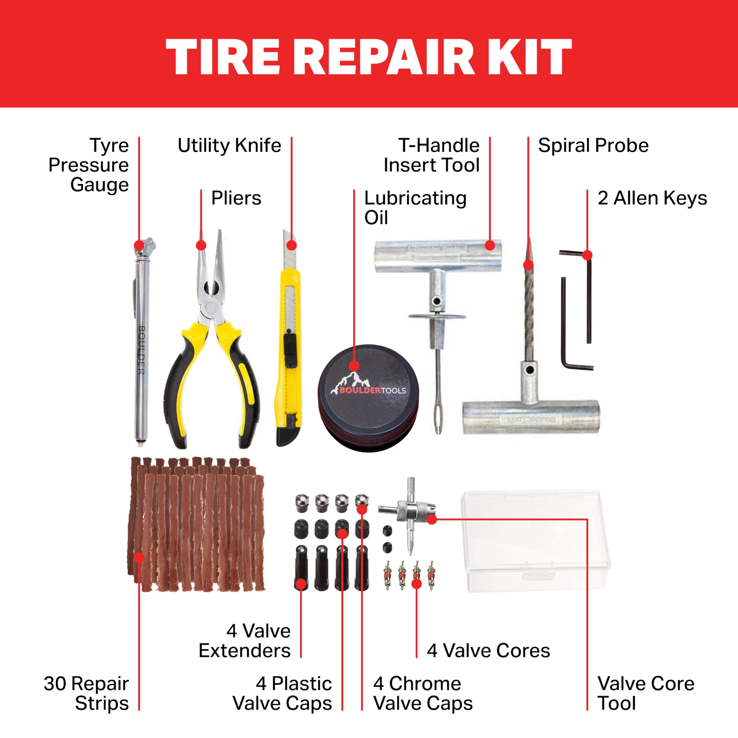 Boulder Tools Tire Repair Kit - Plugs, Valve Tool, Heavy Duty Case - for Cars, Trucks, Motorcycles - Emergency Roadside Fixes