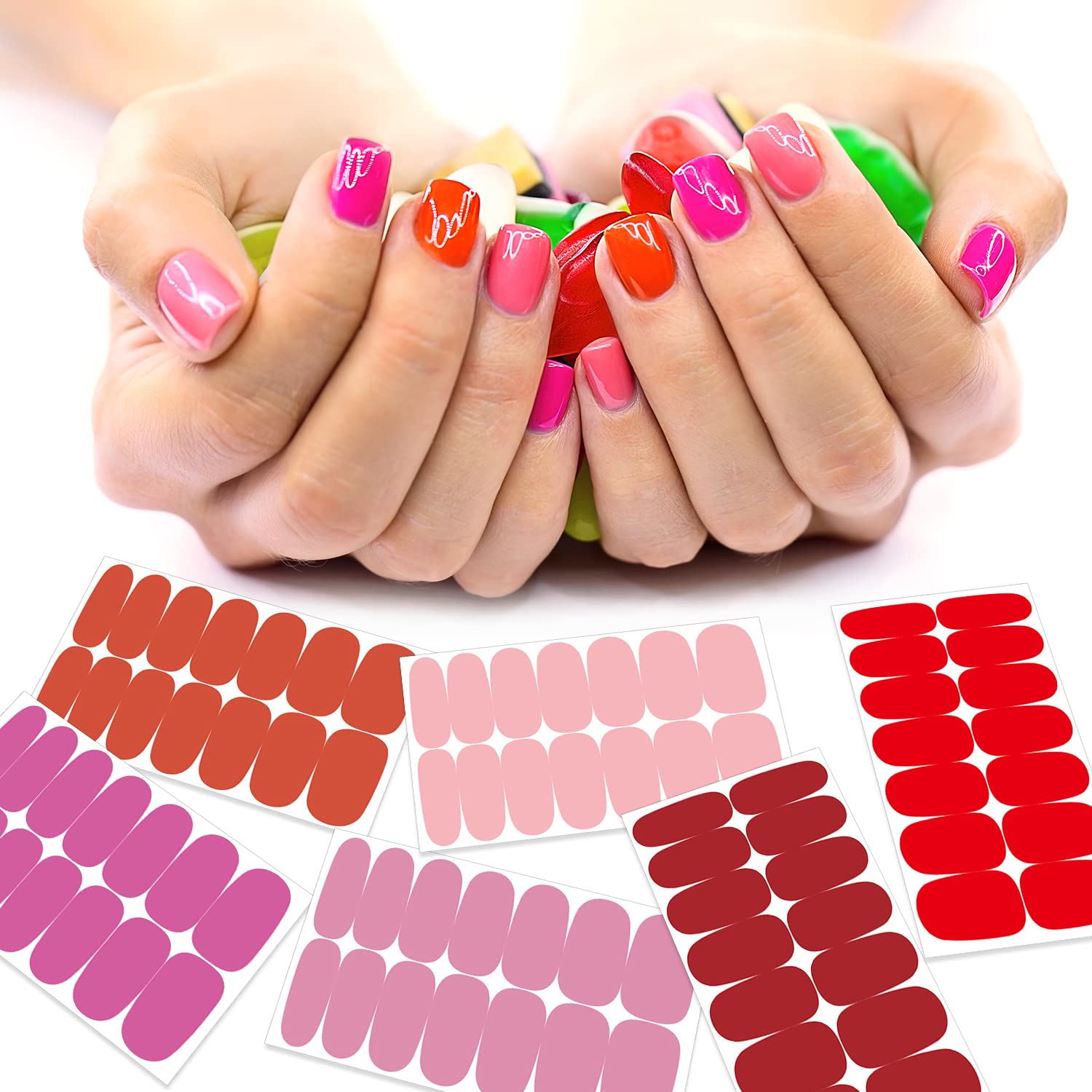 DANNEASY 24 Sheets Red Pink Nail Polish Strips - Self Adhesive Nail Wraps & Polish Stickers for Women & Girls - Includes Nail File & Cuticle Stick - Perfect for DIY Nail Art, Parties & Gifts