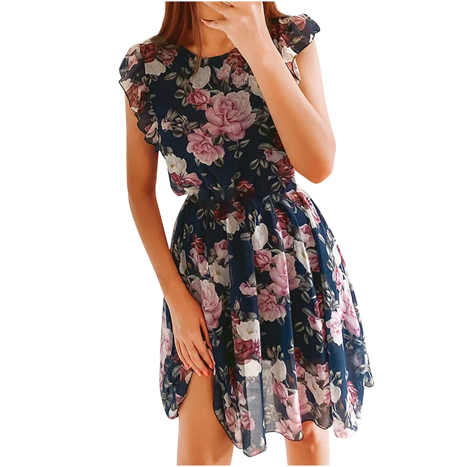 Women's Summer Casual Dress - Round Neck Ruffle Short Sleeve Floral Print Midi Dress, Elegant Flowy Dress for Beach, Party & Daily Wear