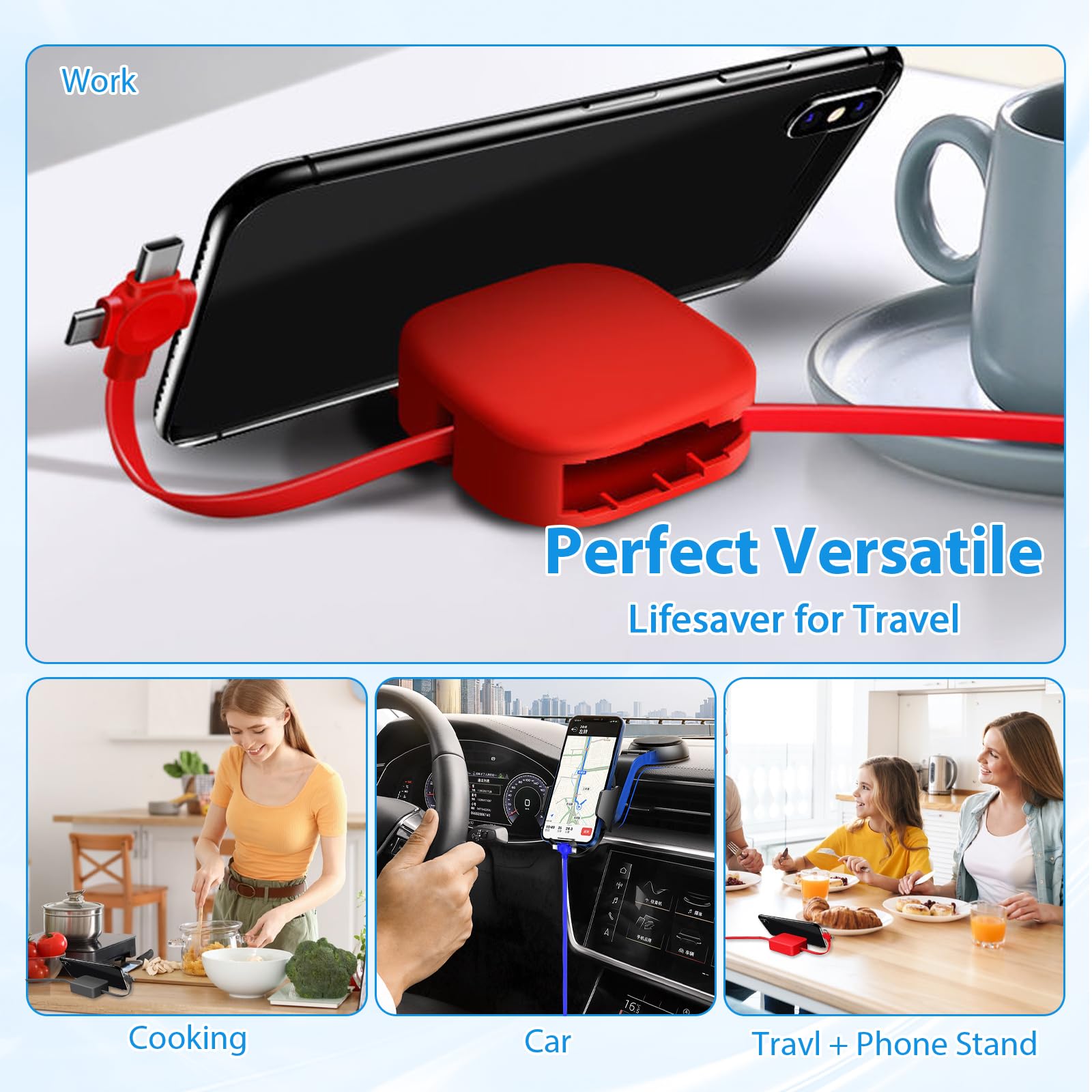 Nadiaen 3-in-1 Retractable Charging Cable - Fast Charging & Data Sync for iPhone, Samsung Galaxy, Huawei, PS, Tablets (Blue/Black/Red) | Perfect for Home, Office & Travel Accessories