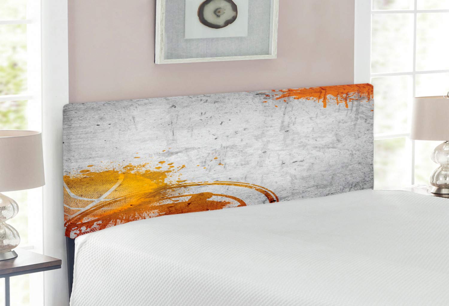 Ambesonne Full Size Basketball Headboard - Rustic Concrete Wall Print with Streetball & Paint Stains, Upholstered Metal Bed Frame with Memory Foam in Charcoal Orange | Perfect for Sports-Themed Bedrooms & Teen Boy's Room Decor