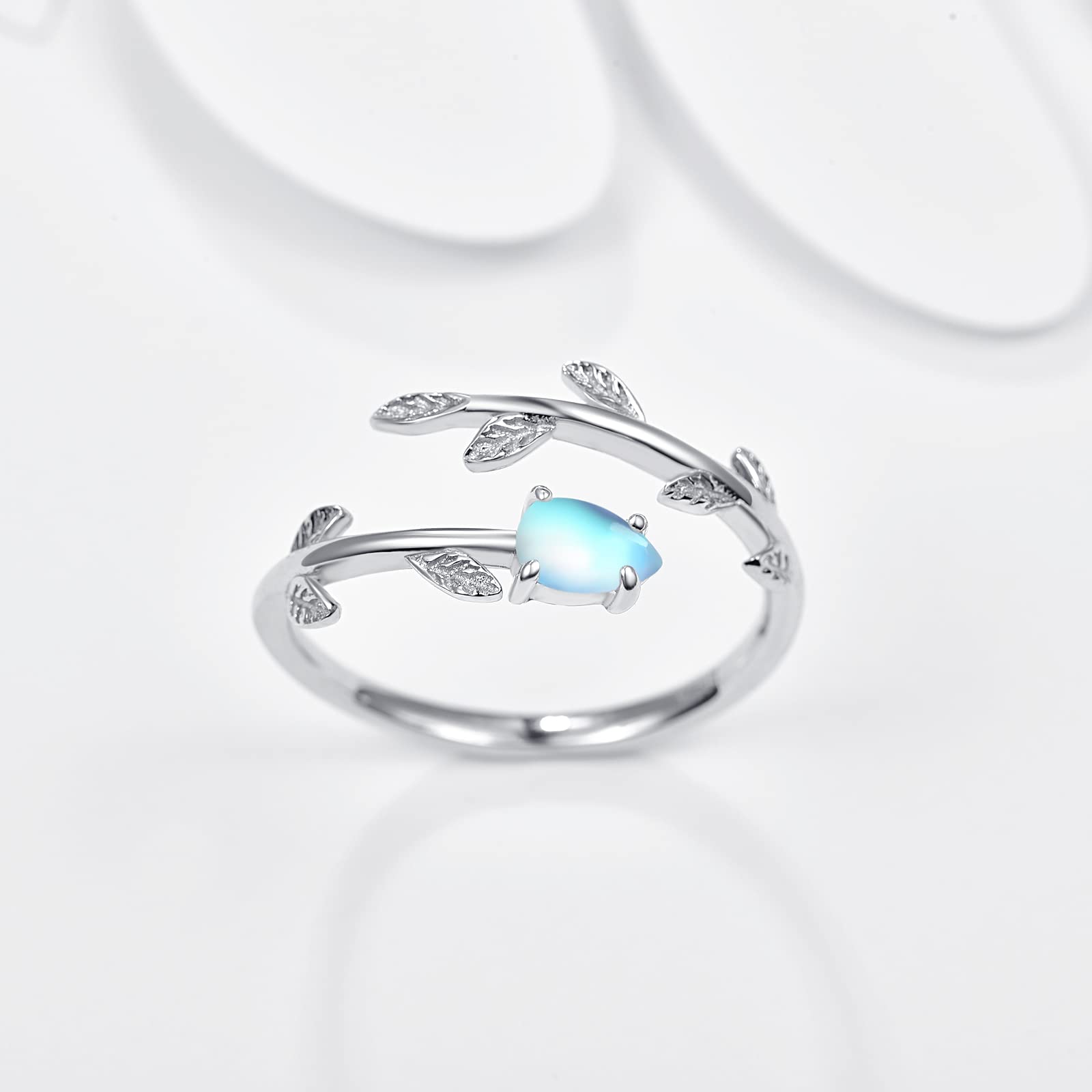 PRAYMOS 925 Sterling Silver Leaf Ring with White Opal & Moonstone - Adjustable Open Ring for Women (Size 7-9) - Elegant Bohemian Jewelry Gift for Birthday, Anniversary & Everyday Wear