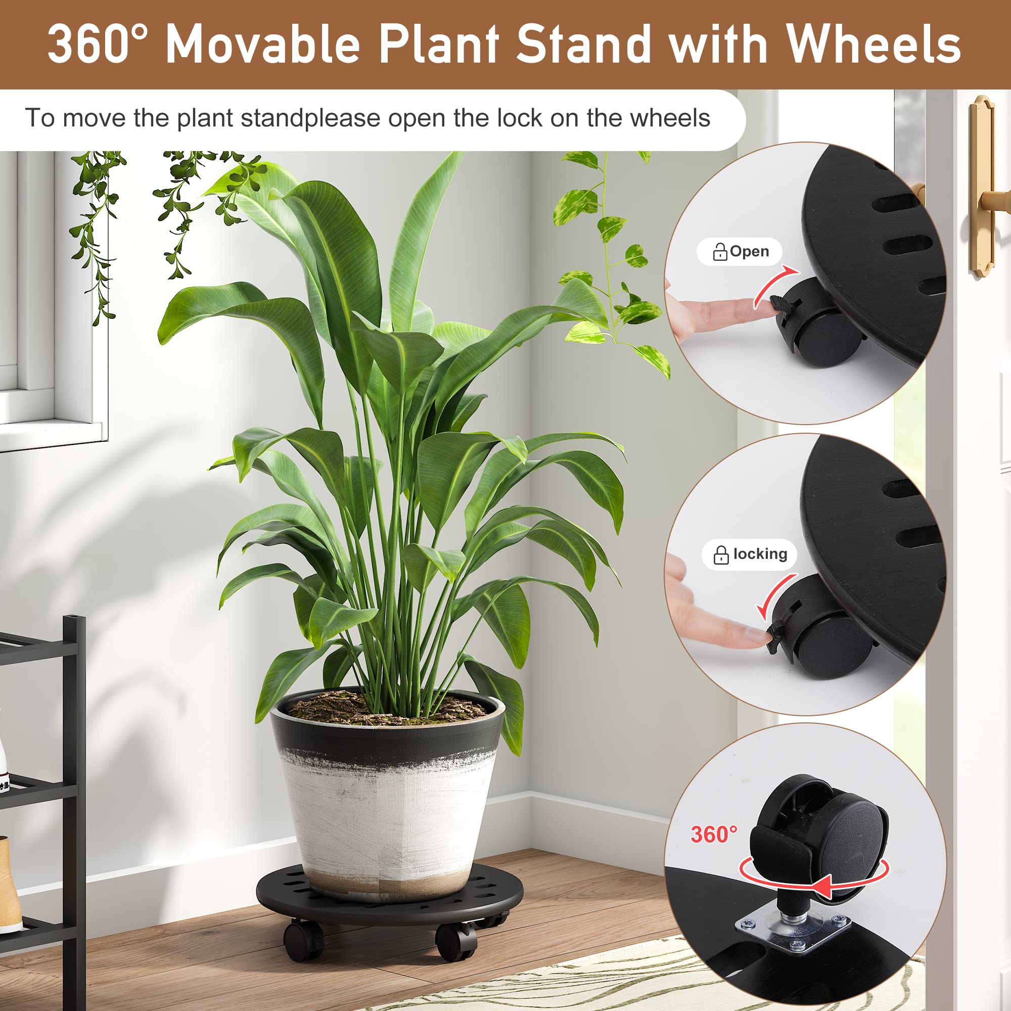 FILWH 13 Inch Bamboo Plant Stand with 360° Lockable Wheels - 2 Pack Indoor/Outdoor Plant Caddy, Corner Display Shelf for Home Decor, Garden, Office, Balcony (Black)