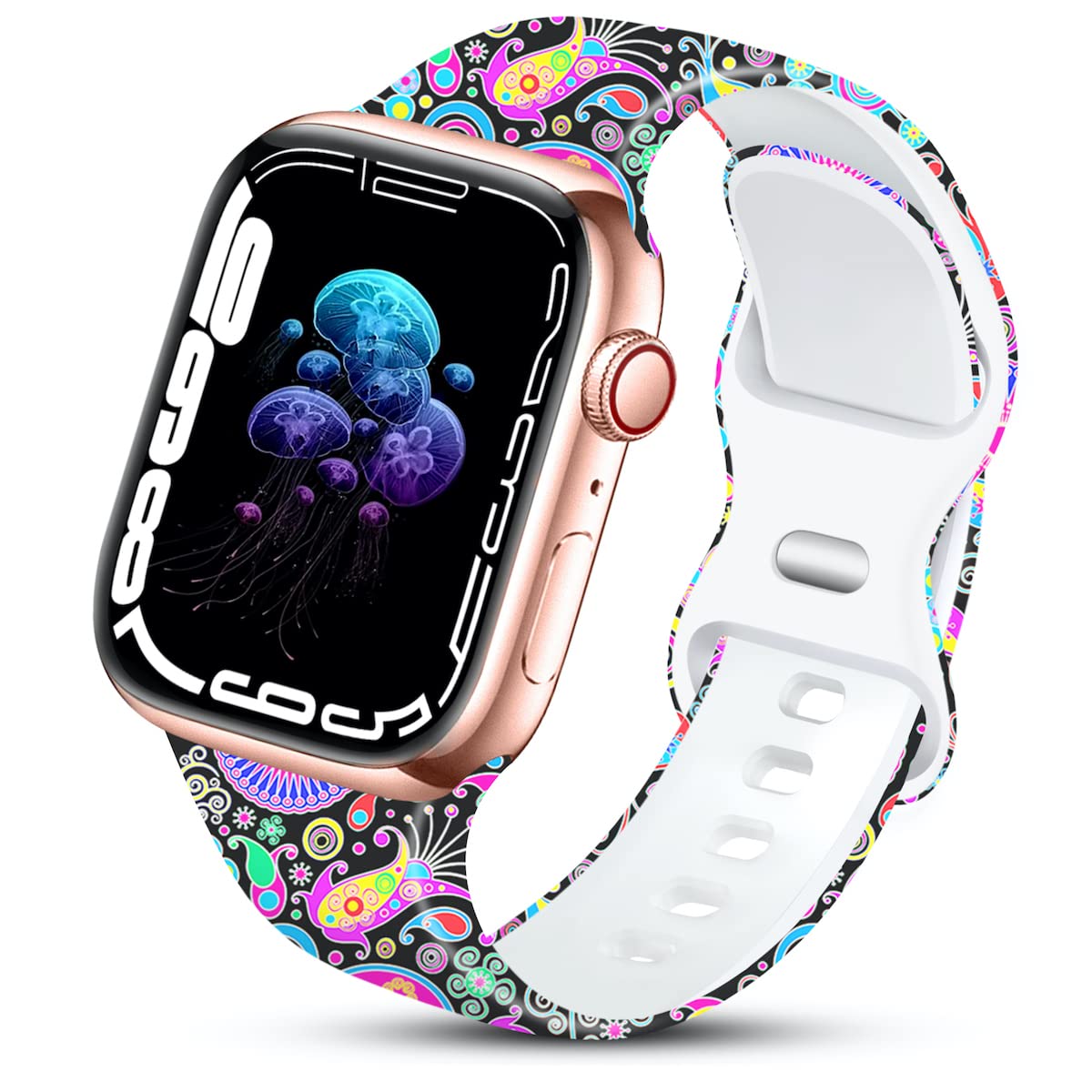 Floral Print Silicone Sport Band for Apple Watch Series 9/8/7/6/5/4/3/2/1/SE - Compatible with 49mm 45mm 44mm 42mm 41mm 40mm 38mm - Fade-Resistant Design for Women - Perfect for Workouts, Running & Everyday Wear