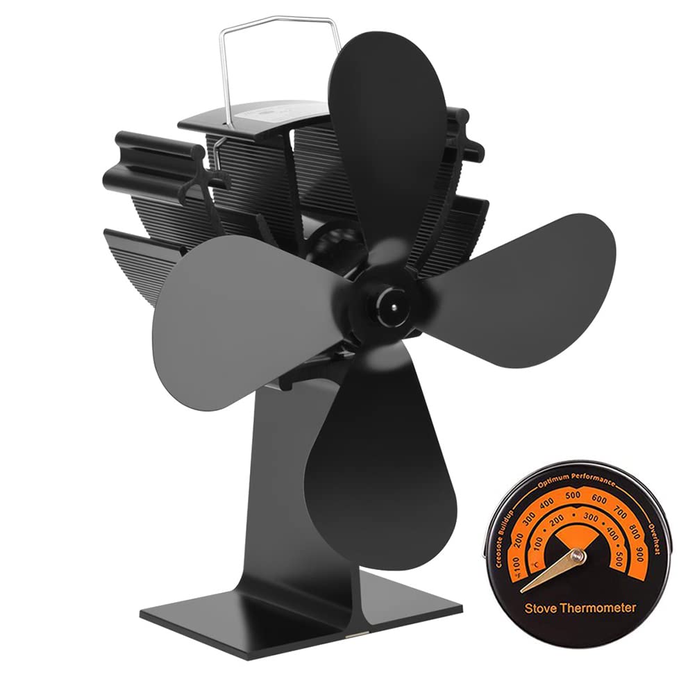 4 Blades Heat Powered Stove Fan - Auto-Sensing Silent Wood Burning Fan with Magnetic Thermometer | Eco-Friendly Fireplace Fan for Wood Stove, Log Burner & Fireplace | Perfect for Home Heating & Energy Efficiency