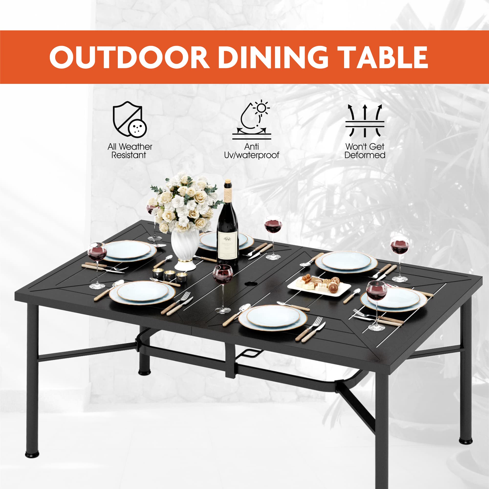 Outdoor Patio Dining Table with Umbrella Hole - 6-Person Metal Table for Lawn, Garden, Backyard & Porch | Perfect for Summer BBQs, Family Gatherings & Outdoor Entertaining