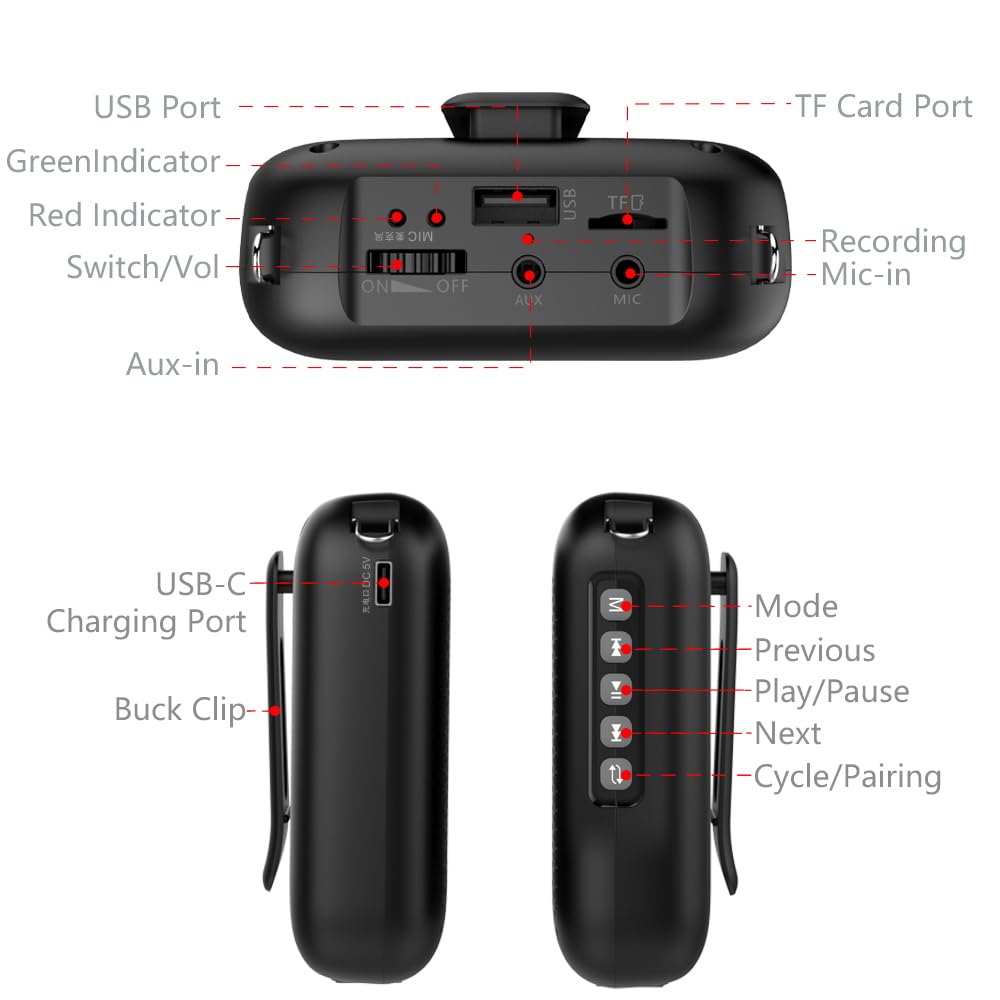 Norwii Wireless Voice Amplifier with Bluetooth - 4000mAh Rechargeable Portable Speaker & 2 Headset Mics for Teachers, Meetings, Presentations | Classroom, Outdoor Tours & Public Speaking (Black)