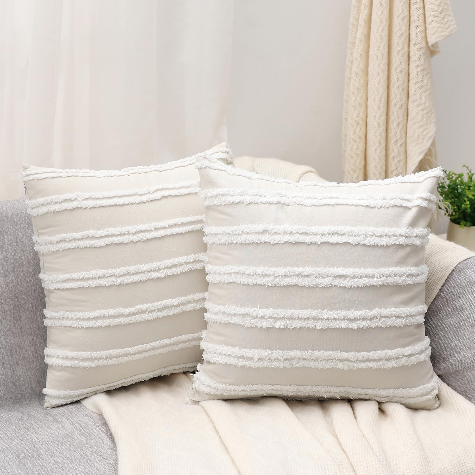 Pallene Boho Decorative Throw Pillow Covers 18x18 Inches Set of 2 - Cotton Linen Blend Cushion Covers for Couch, Sofa, Living Room - Beige Home Decor for Bohemian Style & Cozy Interior Design
