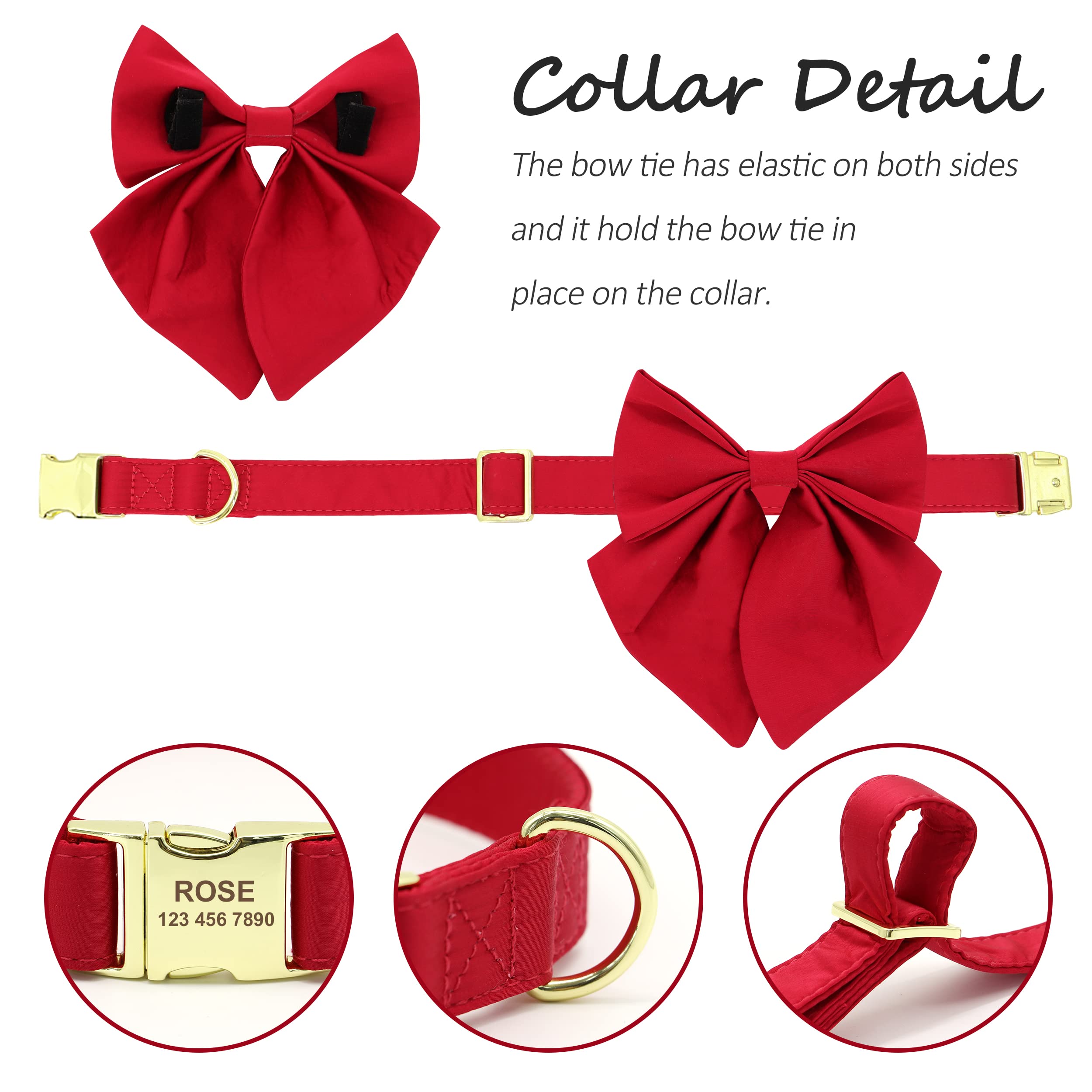 Beirui Personalized Dog Collar with Large Bow - Adjustable Golden Metal Buckle Pet Collar for Small Medium Large Dogs | Soft Durable Wedding & Holiday Bowtie Collar for Special Occasions (Red, Size L)