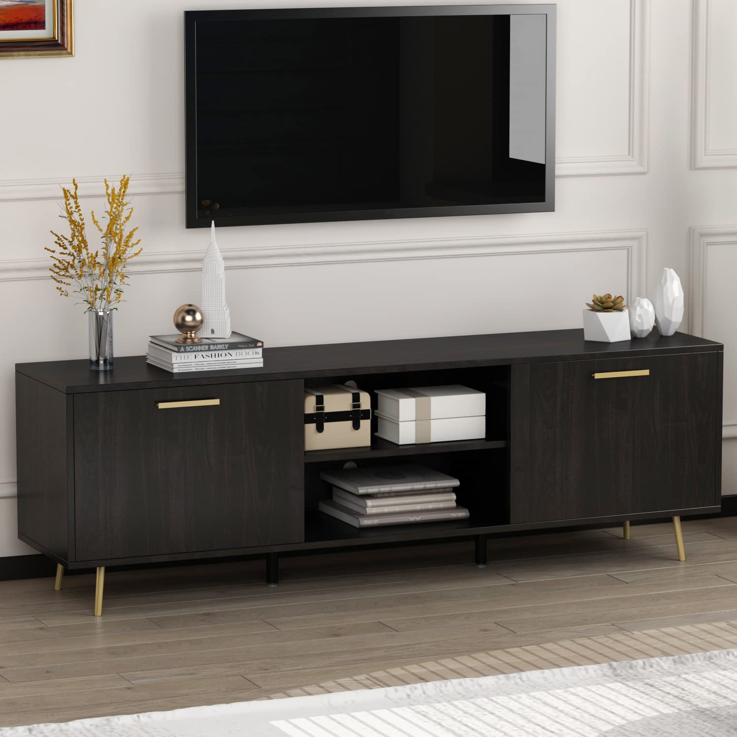 Modern TV Stand for 75 Inch TVs - Entertainment Center with 2 Doors & 2 Open Shelves, Gold Metal Legs - Black Brown TV Console Table (69”L x 15.6”W x 22.4”H) - Perfect for Living Room & Bedroom Home Theater Setup