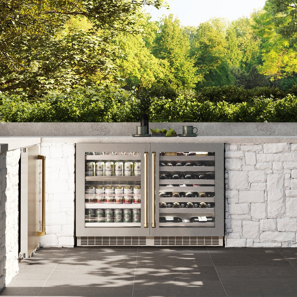 ZLINE Autograph Edition 24 Inch Dual Zone 44 Bottle Wine Cooler Refrigerator - Stainless Steel Glass Door with Gold Handle for Home Bar, Kitchen, or Dining Room - Perfect for Wine Storage and Entertaining