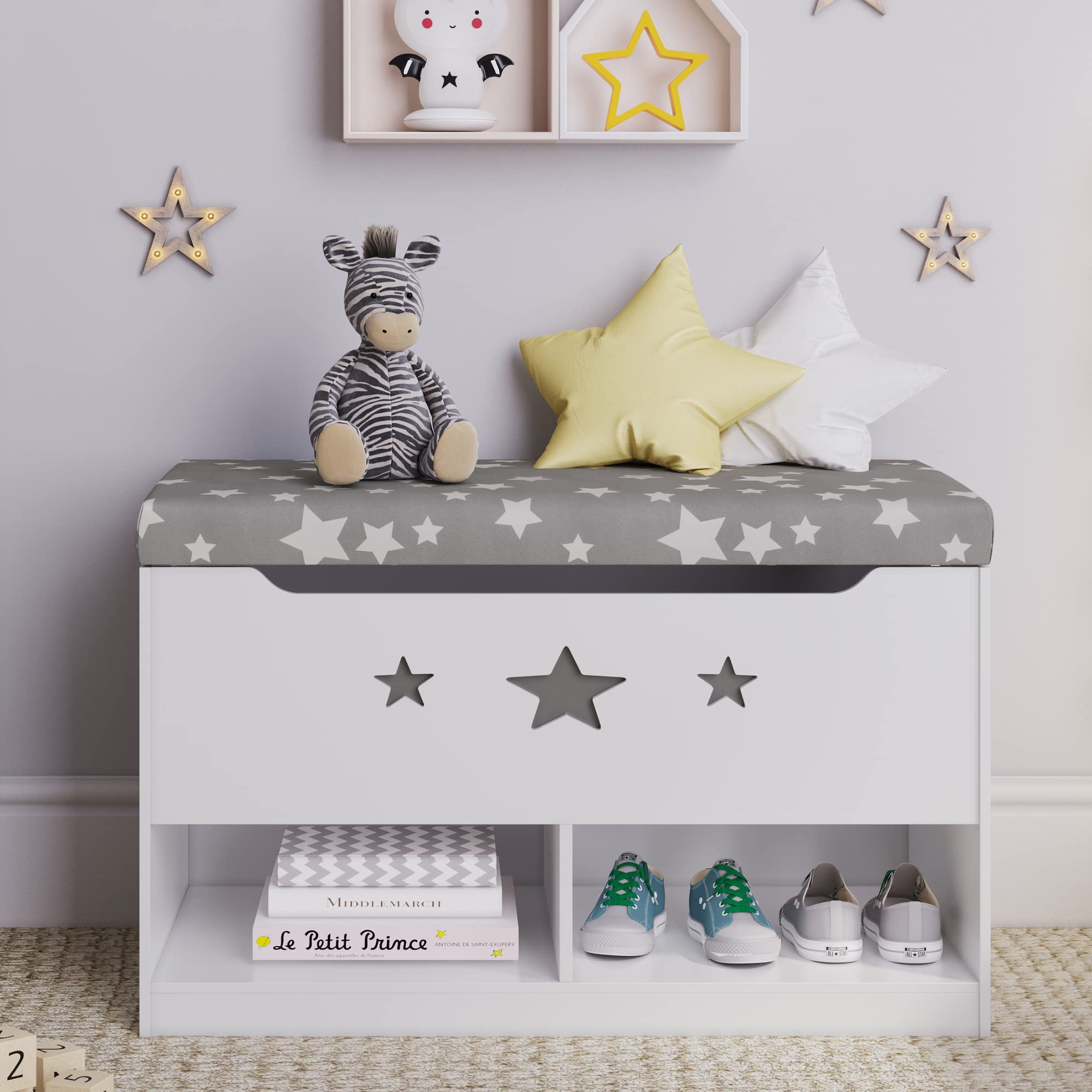 Gray & White Kids Toy Storage Bench with Cushion Seat - Multi-Functional Organizer for Toys, Shoes & Books - Perfect for Bedroom, Playroom & Nursery Organization