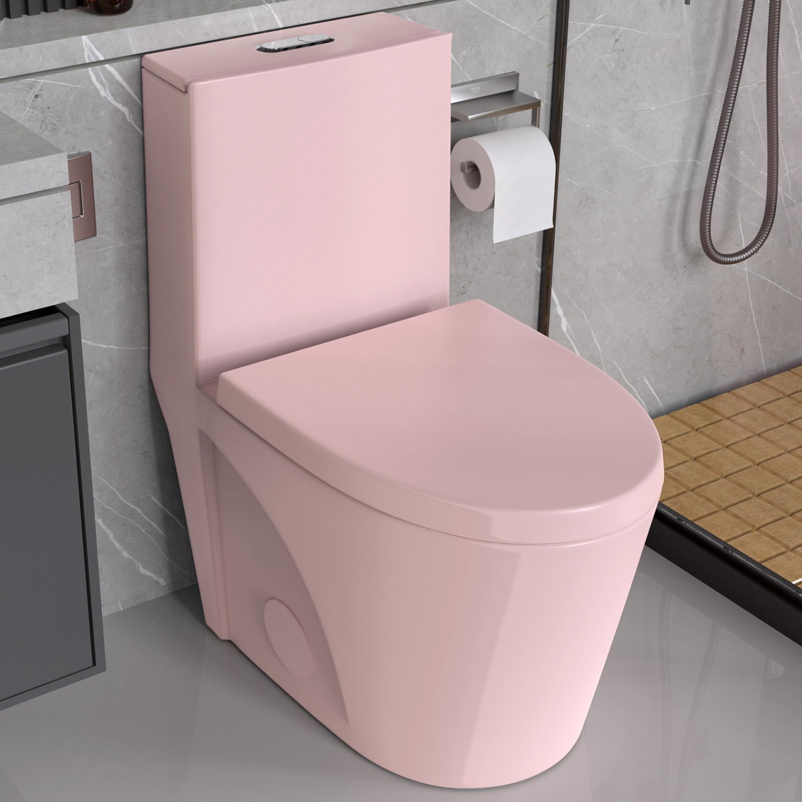 **Pink Elongated Dual Flush Toilet - 1/1.6 GPF, Soft Close Seat, 15.5