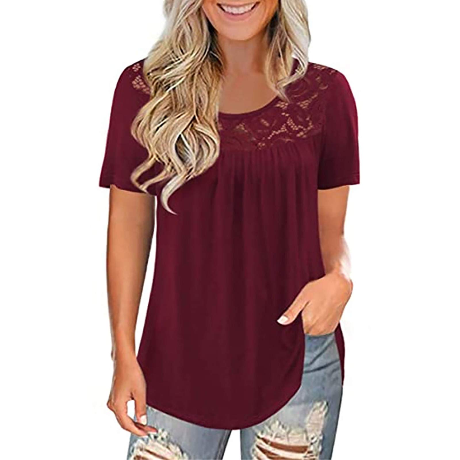 Felwors Women's Plus Size Summer T-Shirts - Short Sleeve Lace Pleated Casual Blouse & Tunic Top for Everyday Wear | Perfect for Beach, Office & Date Nights