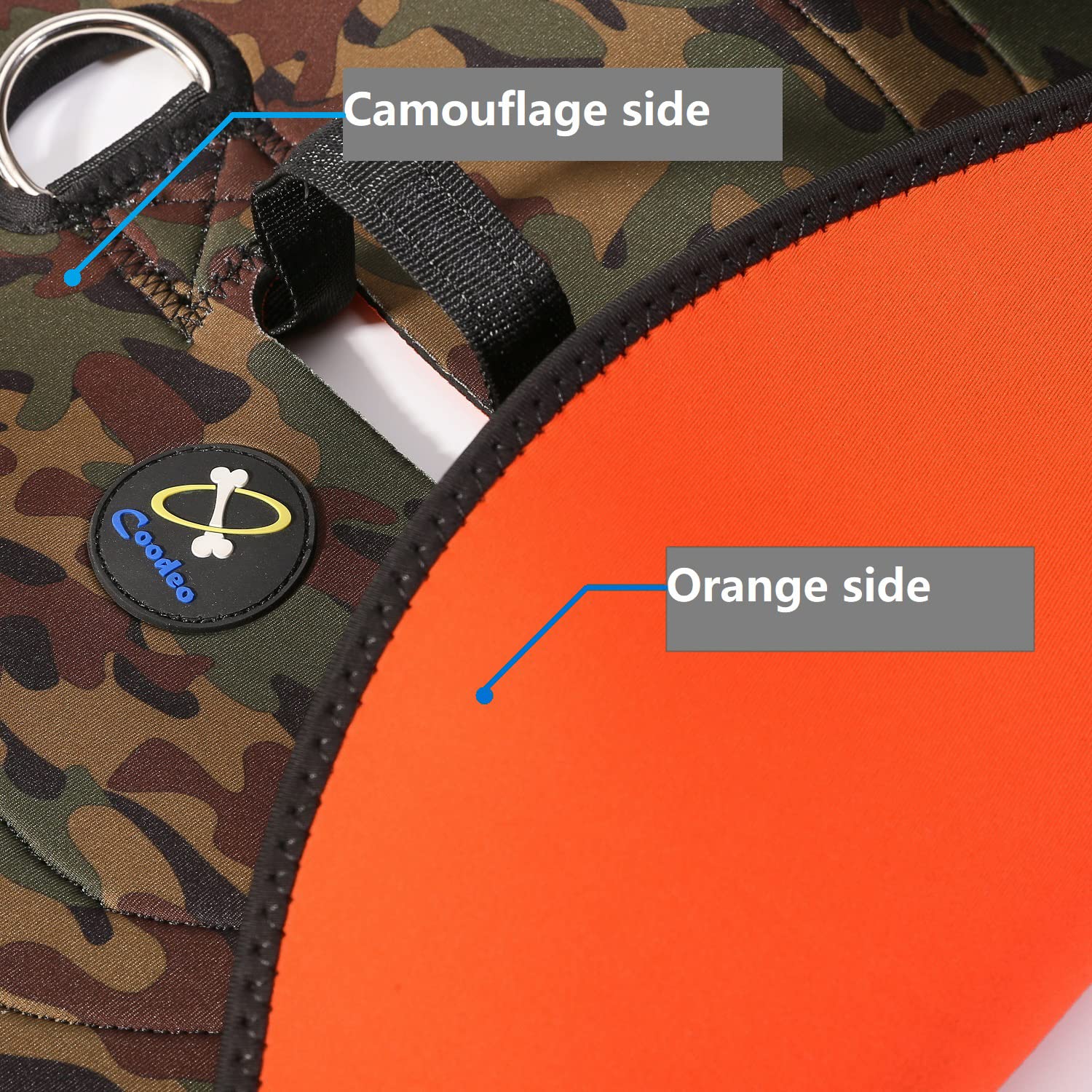 **Coodeo Reversible Reflective Hunting Dog Vest - Orange & Camo Waterproof Tactical Harness for Protection & Security, 4.5mm Neoprene Safety Jacket (X-Large) - Ideal for Hunting, Training & Outdoor Adventures**