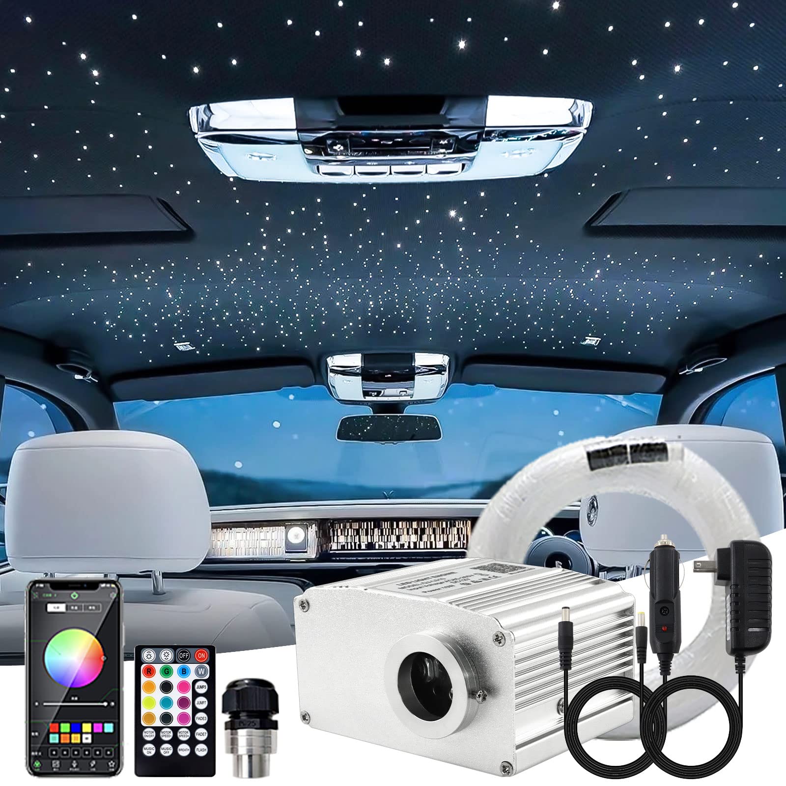 Starlight Headliner Kit - 10W Fiber Optic Car Ceiling Lights with 295 PCS Twinkle Stars (0.03in/0.04in/0.06in) & 9.8ft Cables - APP/Remote Music Control for Bedroom, Home Theater, and Romantic Car Interior Lighting