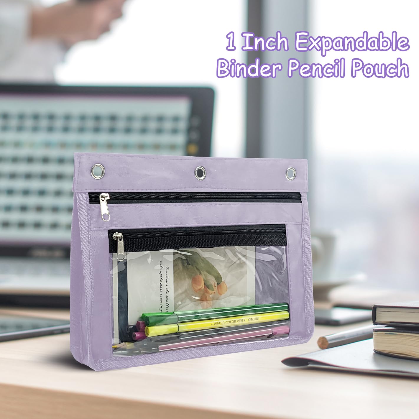 YoeeJob 1 Pack Expandable Zipper Pencil Pouch for 3 Ring Binder - Large Capacity Clear Window Pen Holder Case for School, Office & Classroom Organization (Lavender) - Perfect for Students, Teachers & Professionals to Organize Supplies