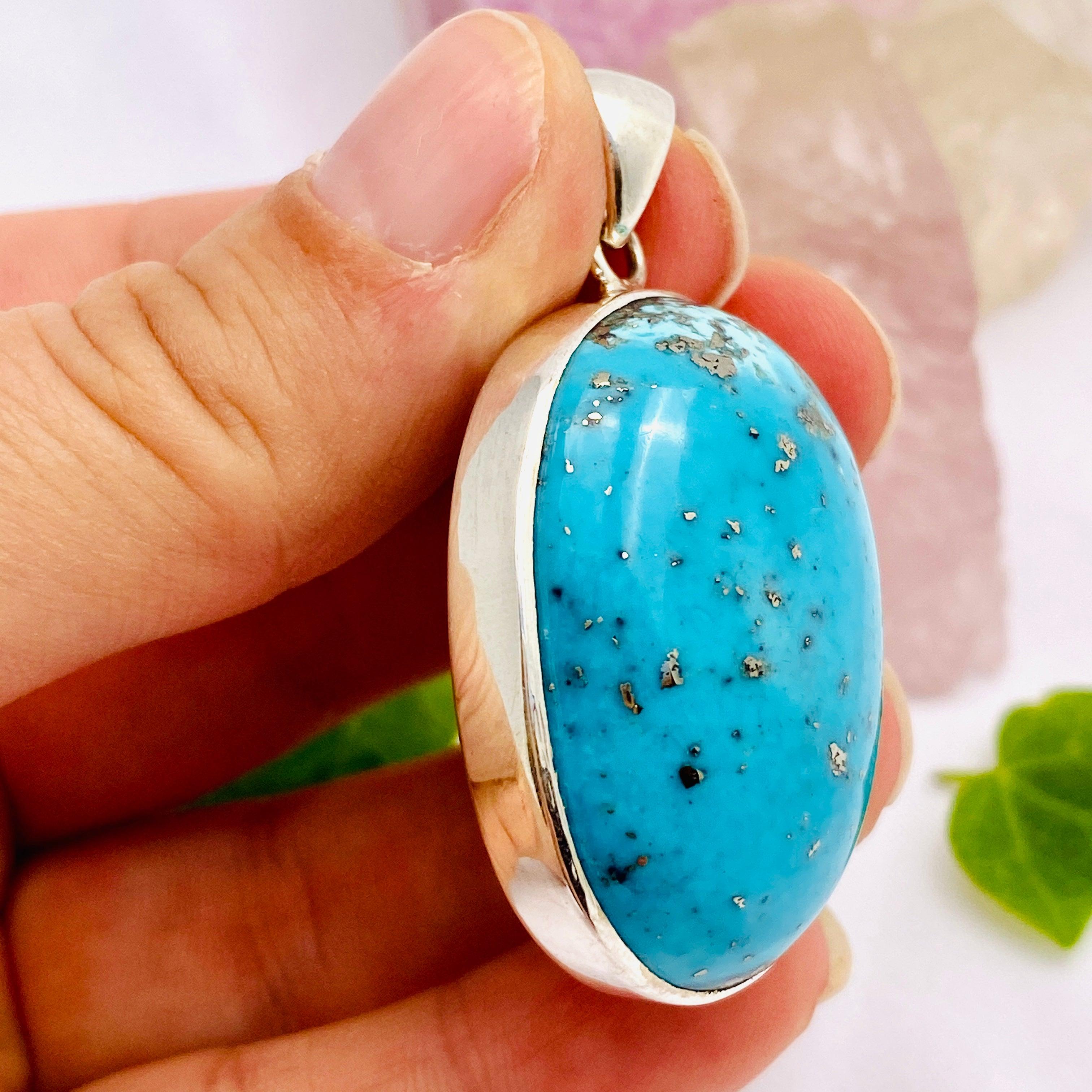 Natural Persian Turquoise & Pyrite Oval Cabochon Pendant KPGJ1712 - Handmade Jewelry for Women, Boho Chic Necklace, Perfect for Gifts & Everyday Wear