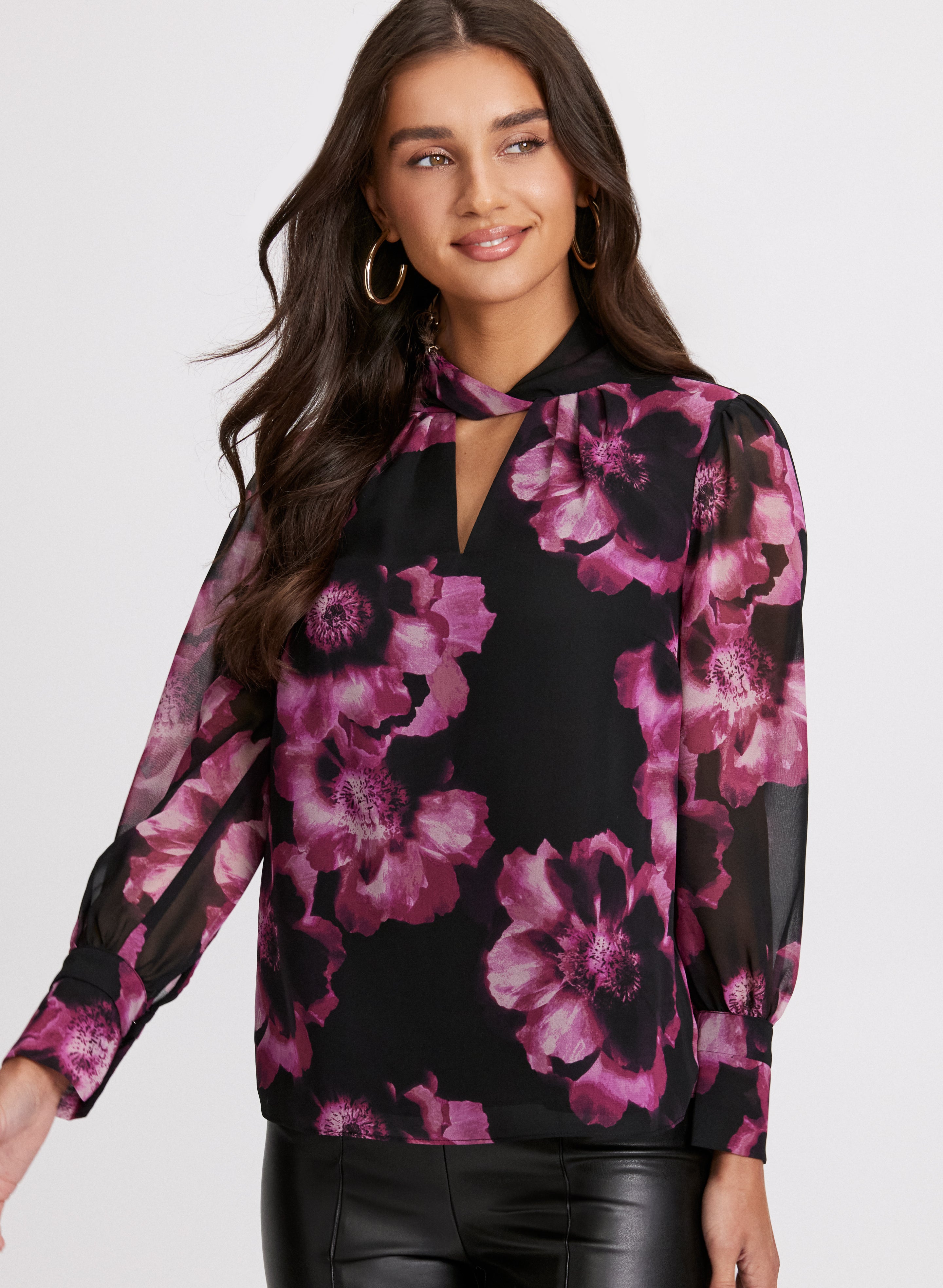 Floral Print Twist Neck Blouse for Women - Elegant Ruffled Sleeve Top for Spring Summer Office & Date Night Outfits