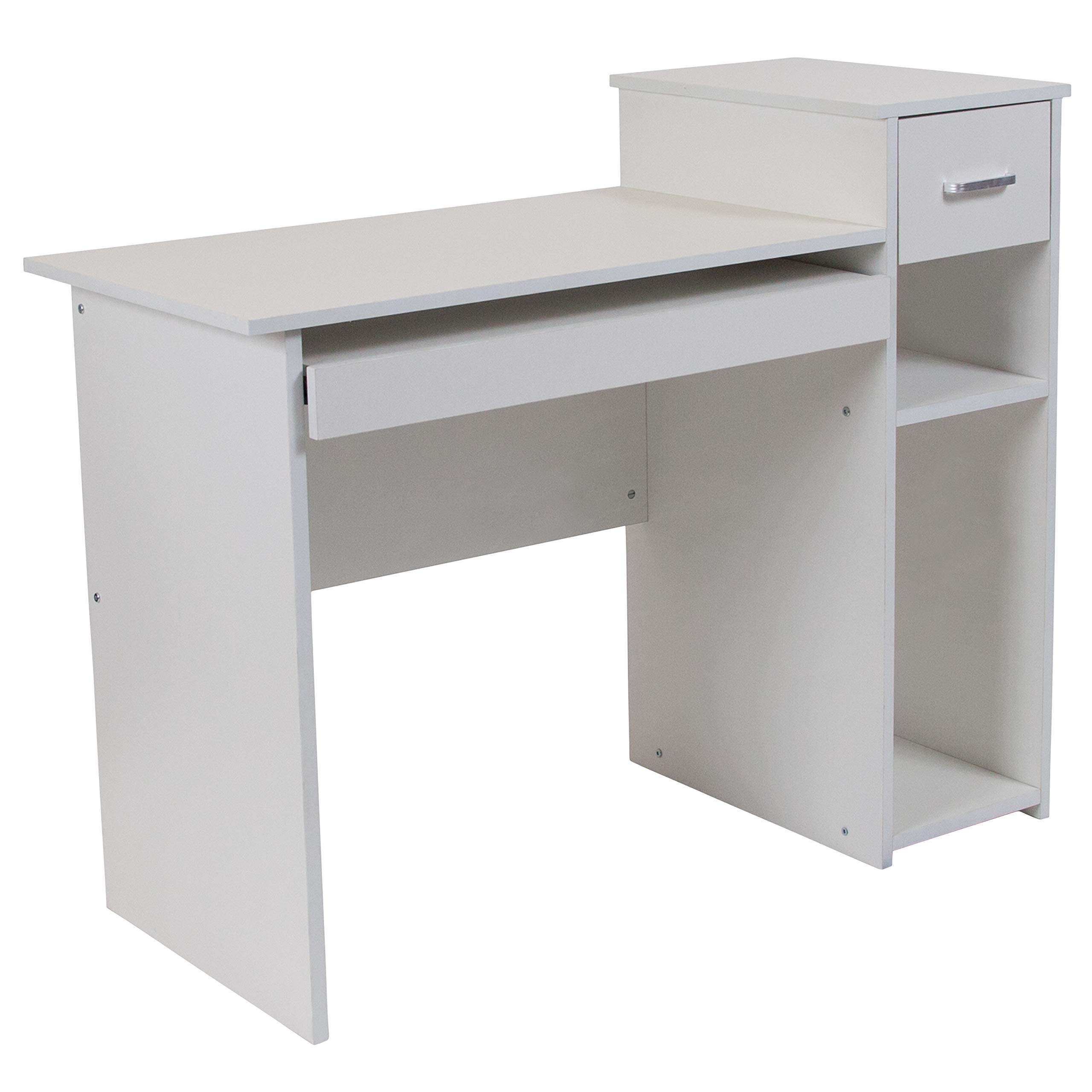 Modern White Computer Desk with Shelves & Drawer - Home Office Workstation for Small Spaces, Gaming & Study (Emma + Oliver)