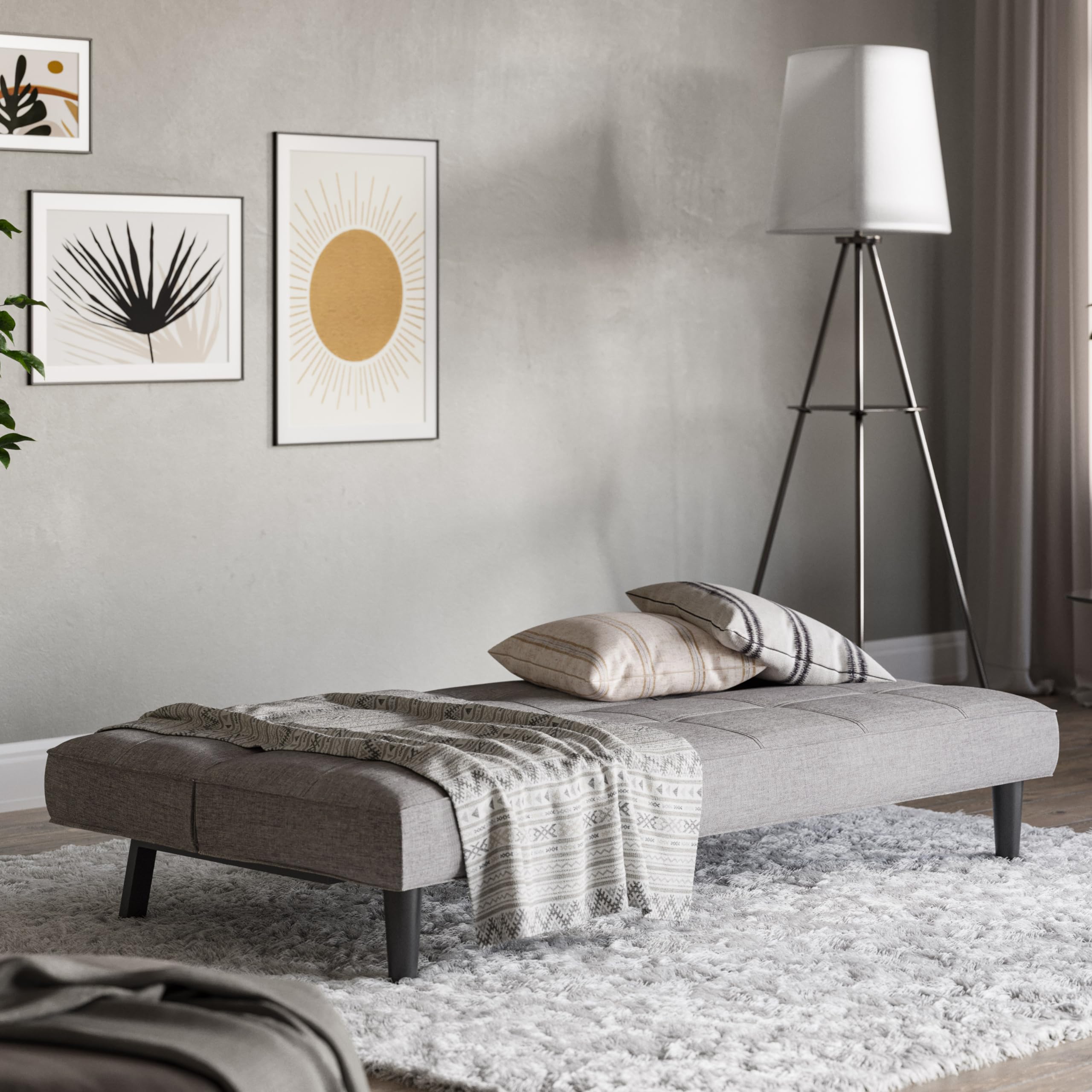 Corliving Upholstered Fabric Convertible Sofa Bed - Adjustable Sleeper Couch to Loveseat & Daybed - Light Gray for Guest Bedroom & Living Room - Perfect for Small Spaces, Studio Apartments & Overnight Guests