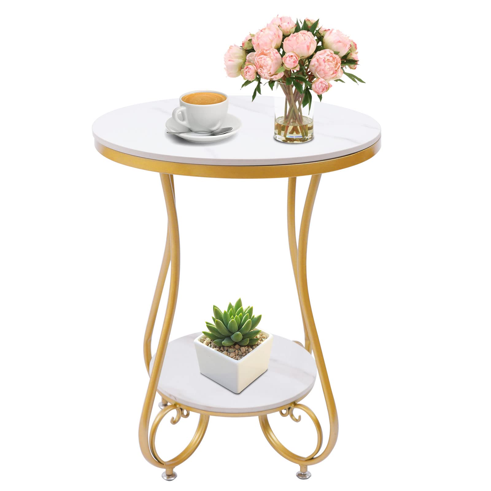 Modern Gold Marble Round Coffee Table - 2-Tier Nordic Style End Table for Living Room, Bedroom & Office - Perfect for Sofa Side Table, Accent Table & Home Decor