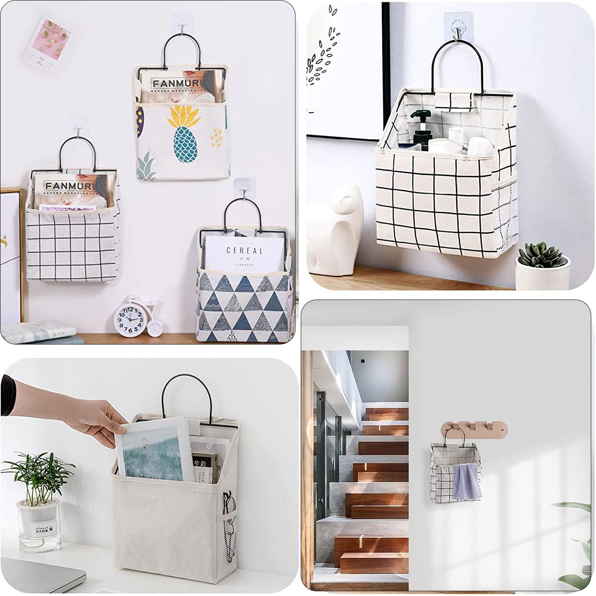 White Cotton Linen Hanging Storage Basket - 2 Pack Over The Door Organizer with Hook Pockets for Bathroom, Bedroom, Kitchen | Space Saving Home Organization for Towels, Toys, and Essentials