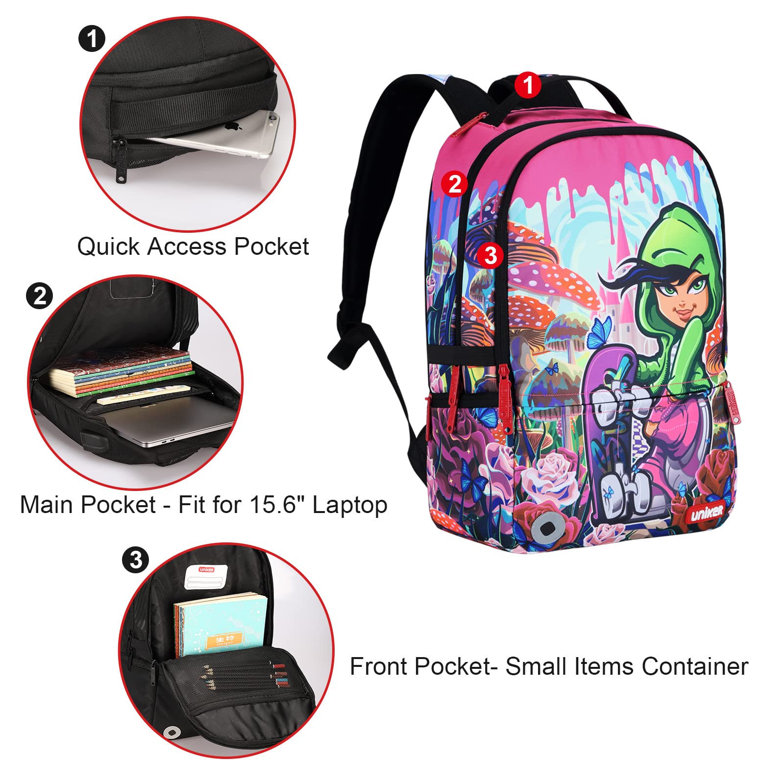 UNIKER Stylish Laptop Backpack for Women & Girls - USB Charging Port, Water Resistant, Fits 15.6 Inch Laptop - Graffiti Design School Backpack, Travel & Skateboard Friendly - Perfect for Work, College & Daily Commute