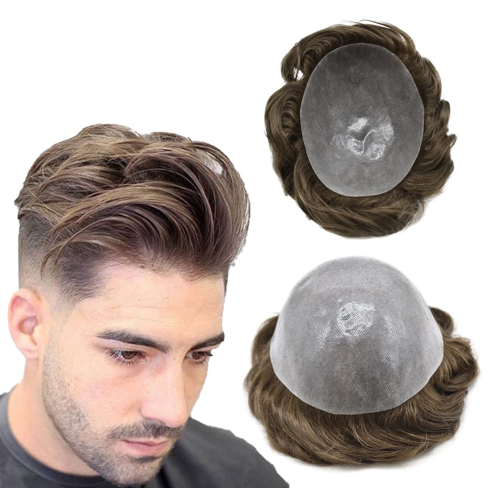 Premium 100% European Human Hair Toupee for Men - 0.12mm Thin Skin V-looped Hair Replacement System with Durable Poly Base (8