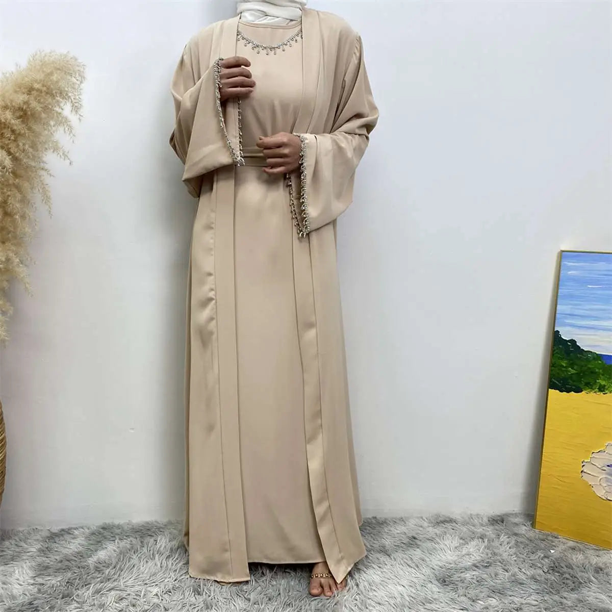 2-Piece Rhinestone Open Abaya Dress Set with Inner Sleeveless Dress & Belt - Elegant Muslim Fashion for Weddings, Parties & Special Occasions