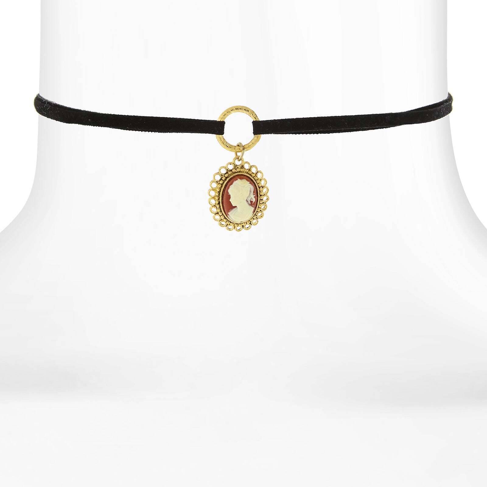 1928 Jewelry Black Suede Choker Necklace with Oval Carnelian Cameo Drop Pendant - 12