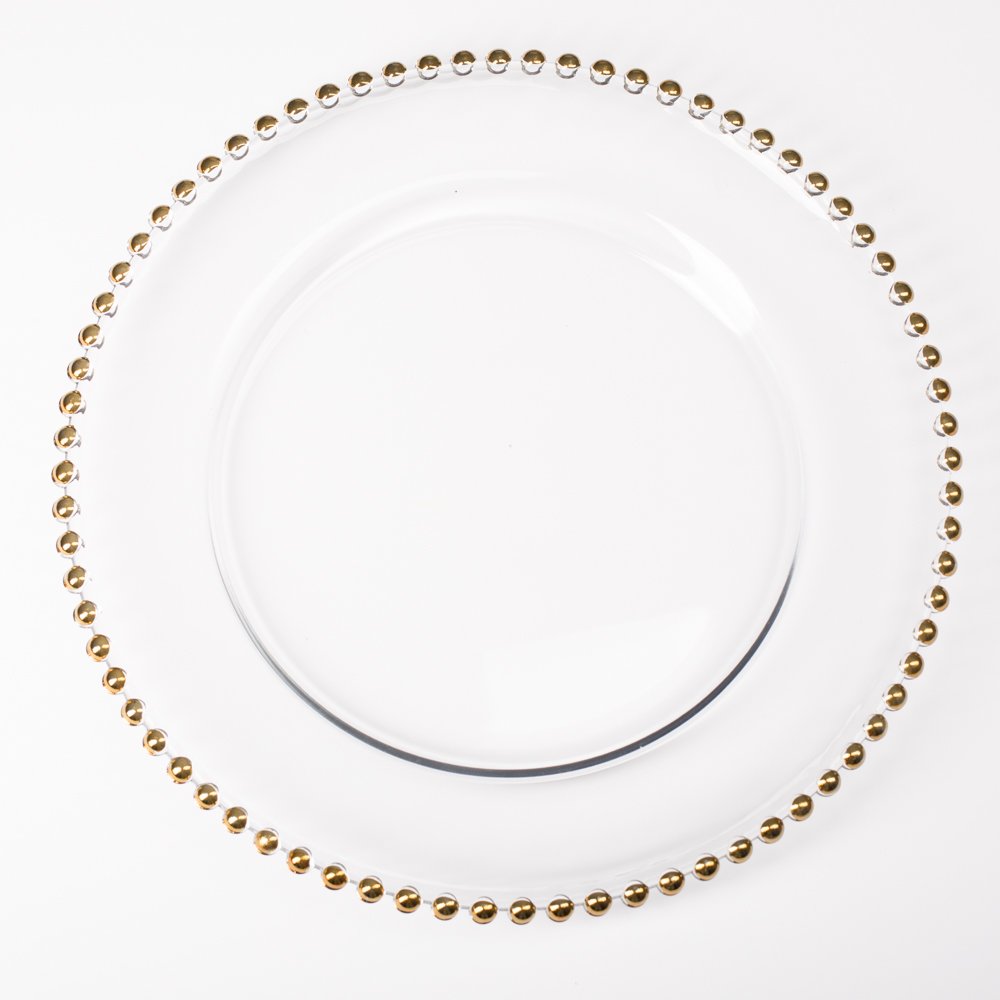Richland 13-Inch Gold Beaded Glass Charger Plates - Set of 12 Elegant Dinner Plates for Wedding, Party & Holiday Table Decor