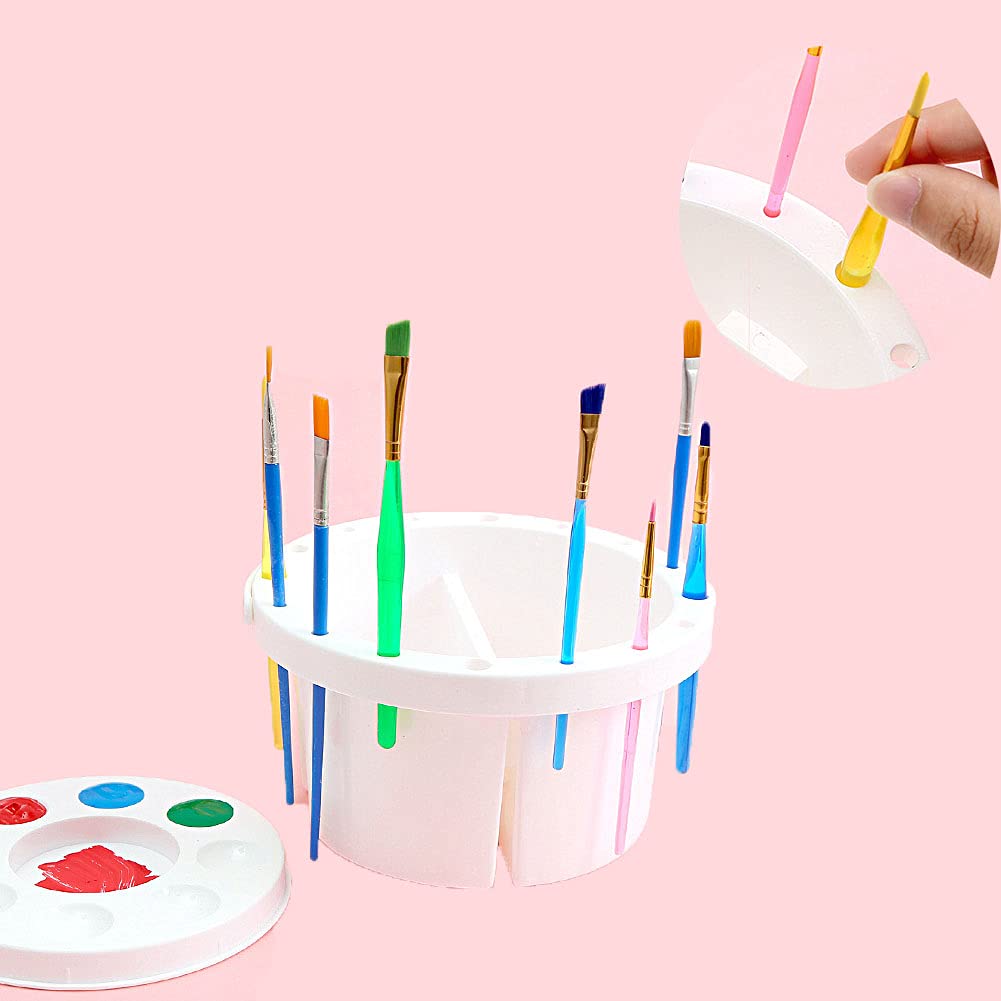Professional Art Brush Cleaner Pot with Holder & Palette Lid - White Round Paint Brush Washer Basin for Watercolor & Oil Painting - Perfect for Studio, Classroom & Home Art Projects