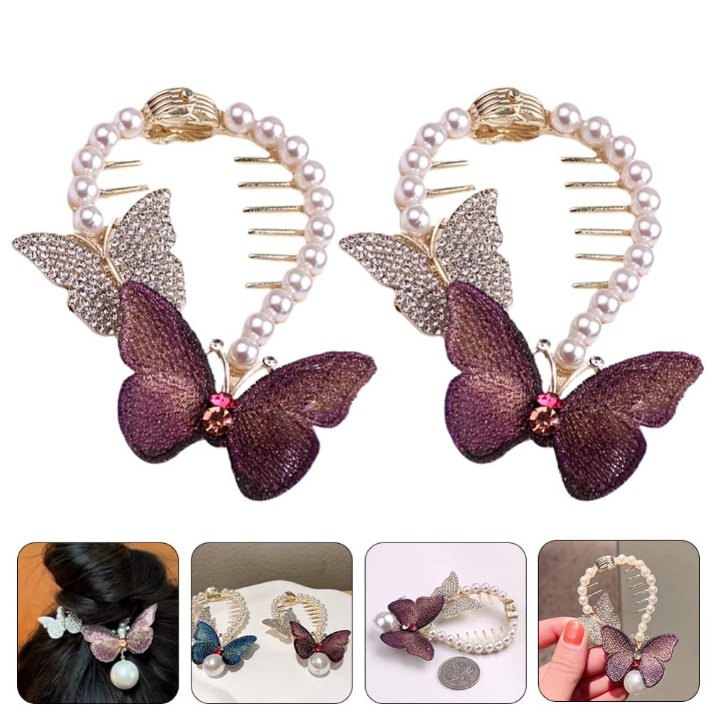 LALAFINA 2-Piece Butterfly Pearl Hair Clips for Women & Girls - Elegant Alloy Hair Barrettes with Meatball Grab Design - Perfect for Parties, Weddings & Daily Hair Accessories (Purple)