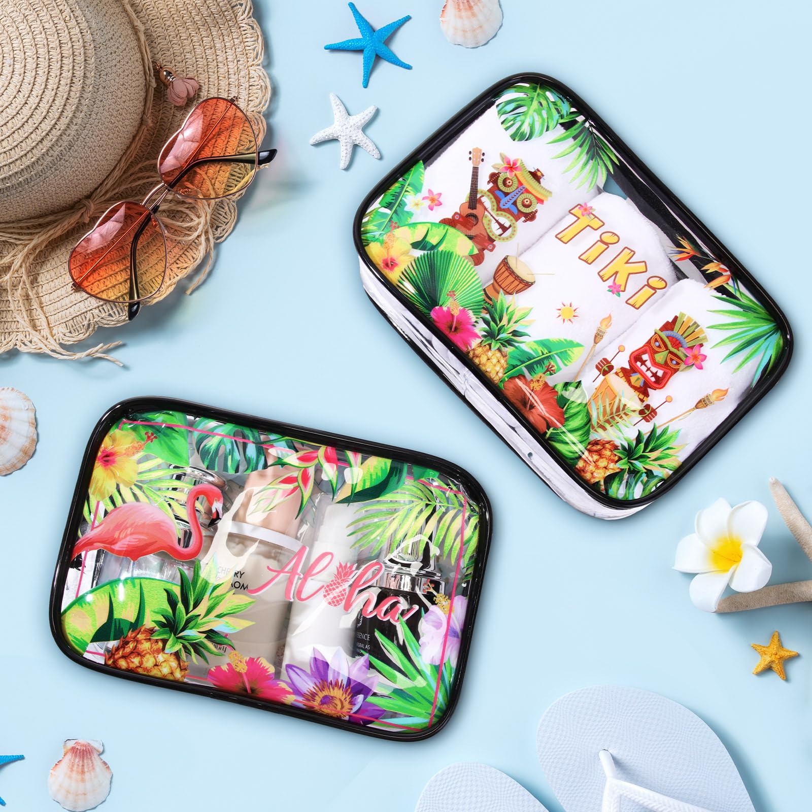 Capoda 6 Pack Clear Hawaiian Toiletry Bags - Waterproof PVC Travel Cosmetic Organizer for Men & Women - Beach Vacation, Business Trip & Bathroom Storage - 6 Stylish Aloha Designs (Hawaii Theme)