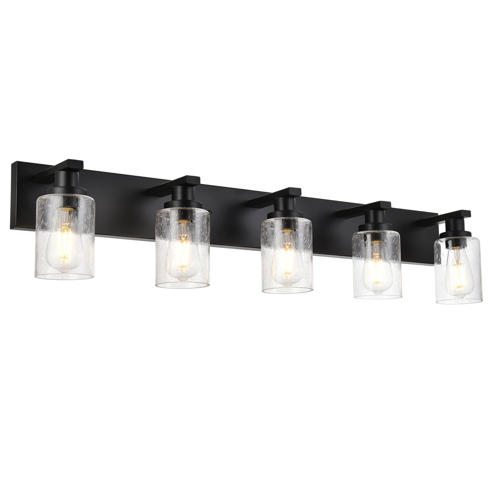 5-Lights Farmhouse Bathroom Vanity Light - Black Wall Mount Lighting Fixture with Seeded Glass Shades - Perfect for Bathroom Mirror, Cabinet, Kitchen and Bedroom Lighting