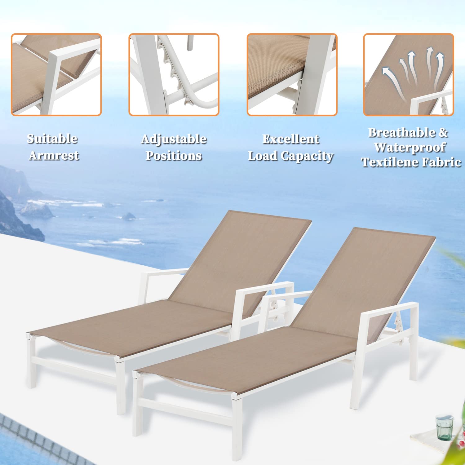 Premium Outdoor Patio Lounge Chair Set of 2 - Adjustable Aluminum Chaise Lounges with 5 Backrest Positions - Perfect for Backyard, Balcony, Poolside & Beach Relaxation (Khaki) - Ideal for Sunbathing, Lounging & Outdoor Entertaining