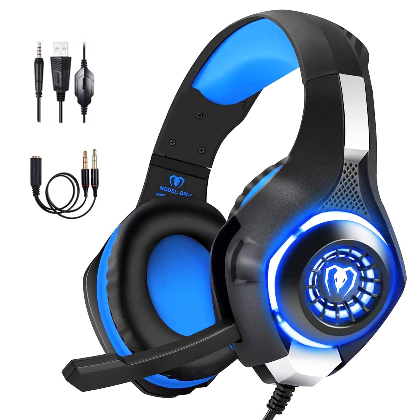 BlueFire Gaming Headset for Xbox One, PS4, PC & Laptop - Wired 3.5mm Jack Headphones with LED Lights, Noise-Canceling Mic & Stereo Bass - Perfect for Gaming, Streaming & Online Classes (Blue)