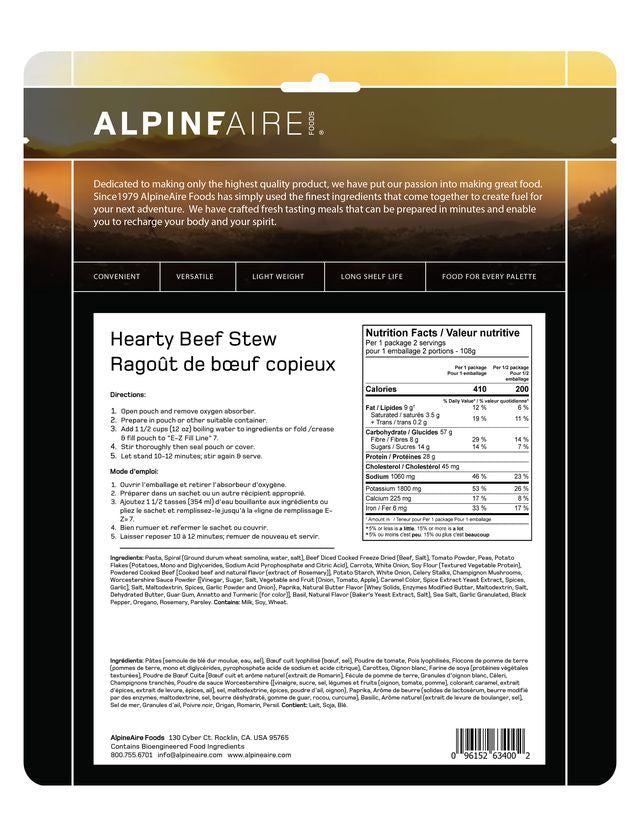AlpineAire Hearty Beef Stew - Freeze Dried Camping Food, High Protein Backpacking Meal, Emergency Survival Food for Hiking, Outdoor Adventures & Emergency Preparedness