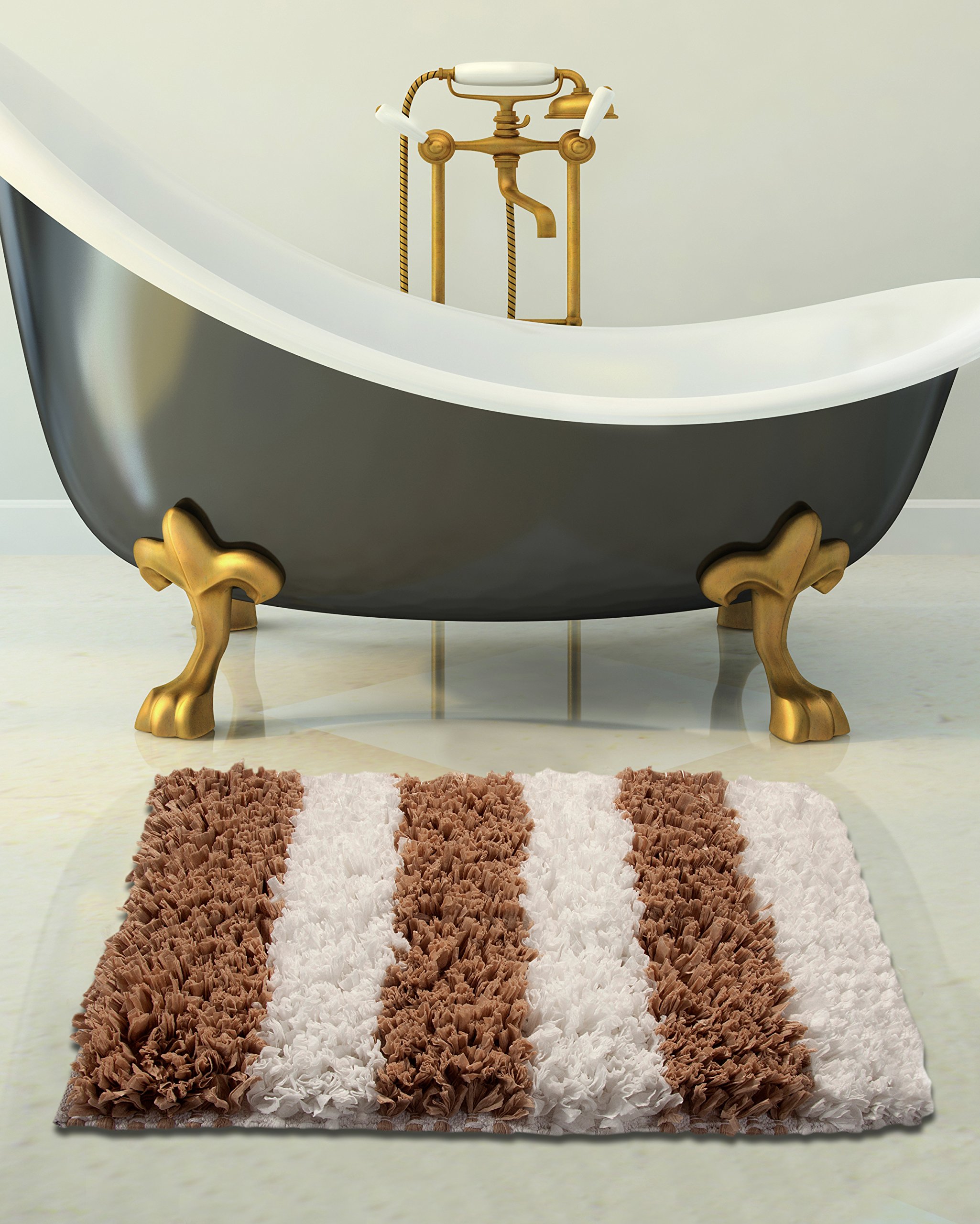 Premium Handloom Woven Bath Rug - 34x21 Inches Soft Polyester/Viscose/Cotton Blend - White & Beige Striped Pattern (GSF 200) - Non-Slip Bathroom Mat for Modern Home Decor, Spa & Guest Bathrooms
