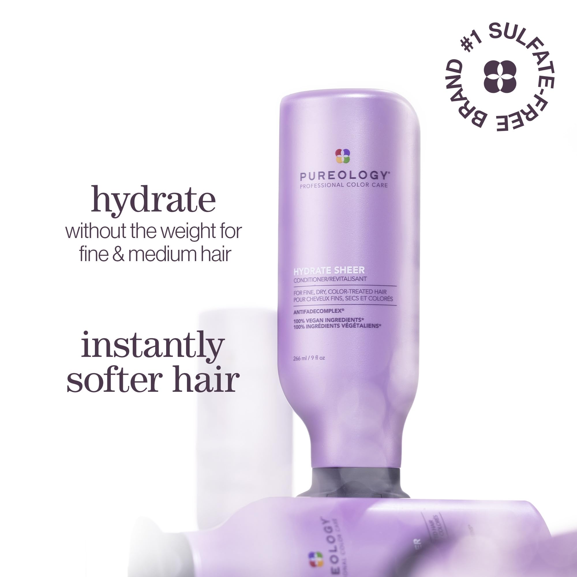Pureology Hydrate Sheer Nourishing Conditioner for Fine, Dry Color-Treated Hair - Sulfate-Free, Vegan Hair Care - Perfect for Daily Moisture & Color Protection