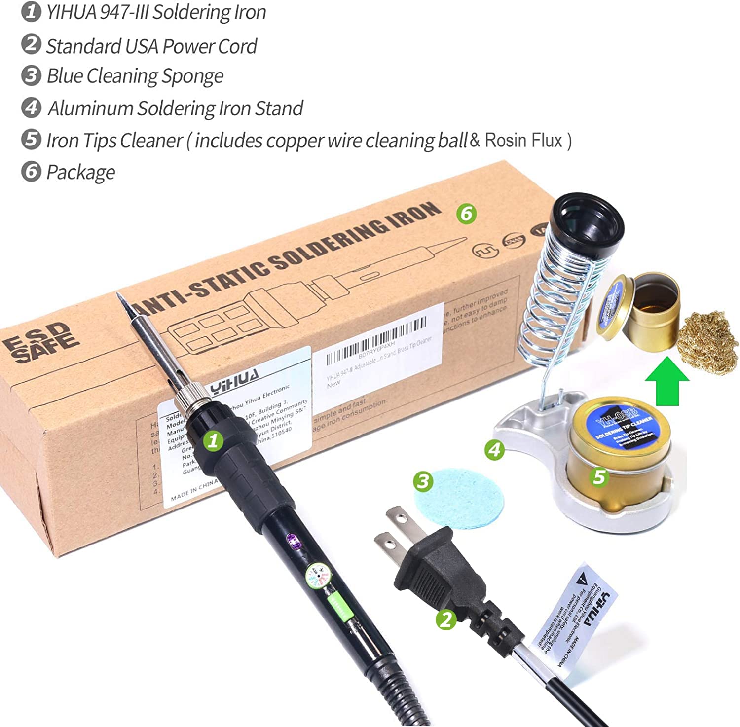 YIHUA 947-III 60W Soldering Iron Kit with Temperature Control, On/Off Switch - Includes Soldering Iron Stand, Tip Cleaner & Sponge - 110V US Plug for Electronics Repair, DIY Projects & Home Use
