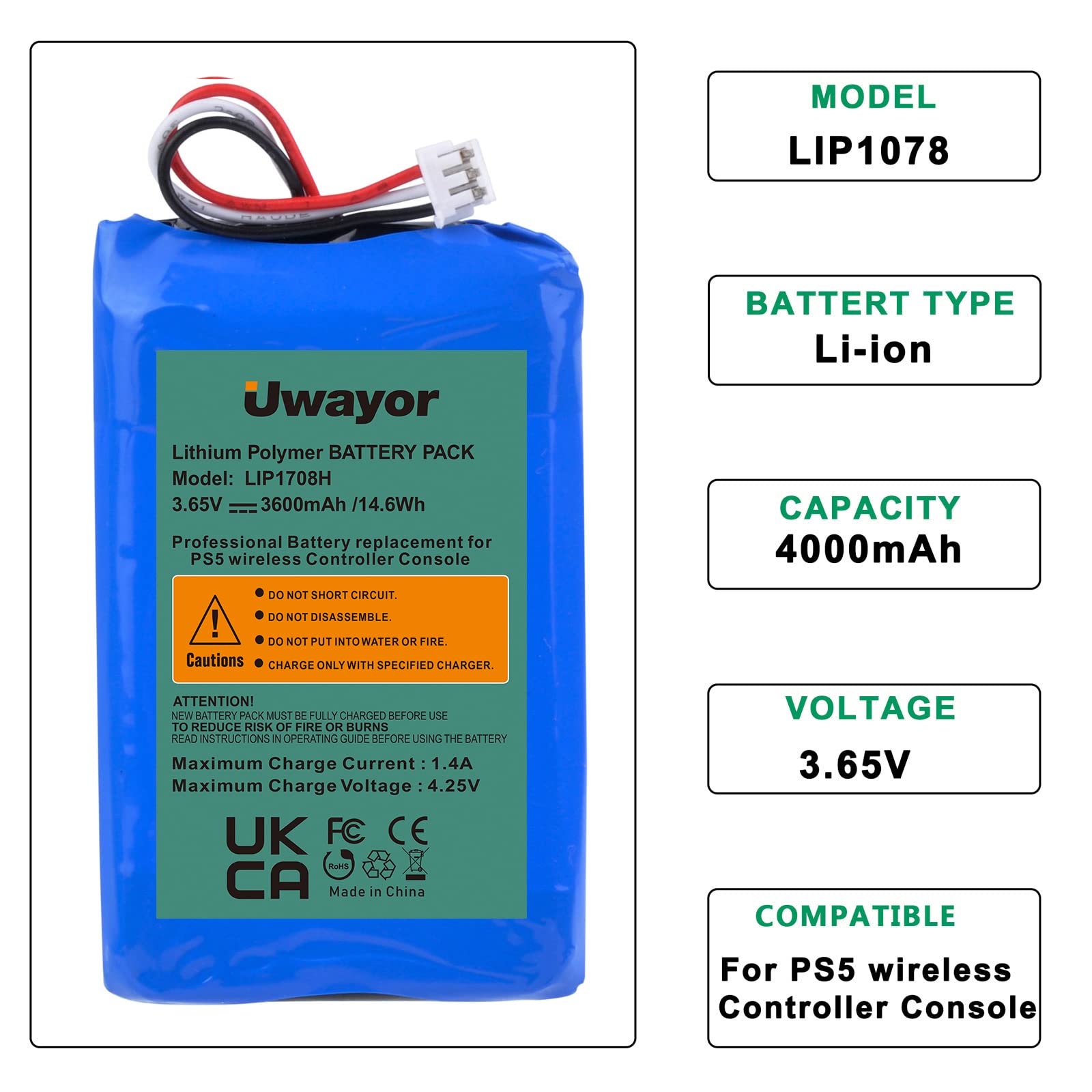 Uwayor 3600mAh High Capacity Replacement Battery for PS5 Controller - Long Lasting Playstation 5 DualSense Charging Battery - Perfect for Gaming, Streaming & Extended Play Sessions