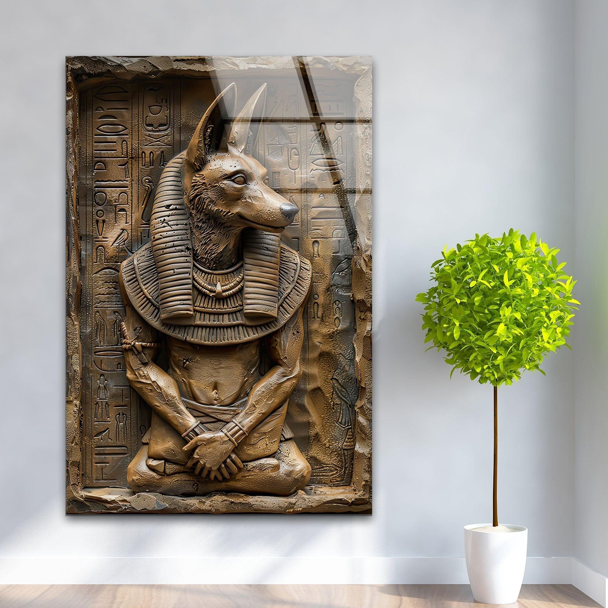 Anubis Statue Glass Wall Art - Egyptian God Home Decor for Living Room, Bedroom & Office - Handcrafted Glass Wall Sculpture for Spiritual & Gothic Decor