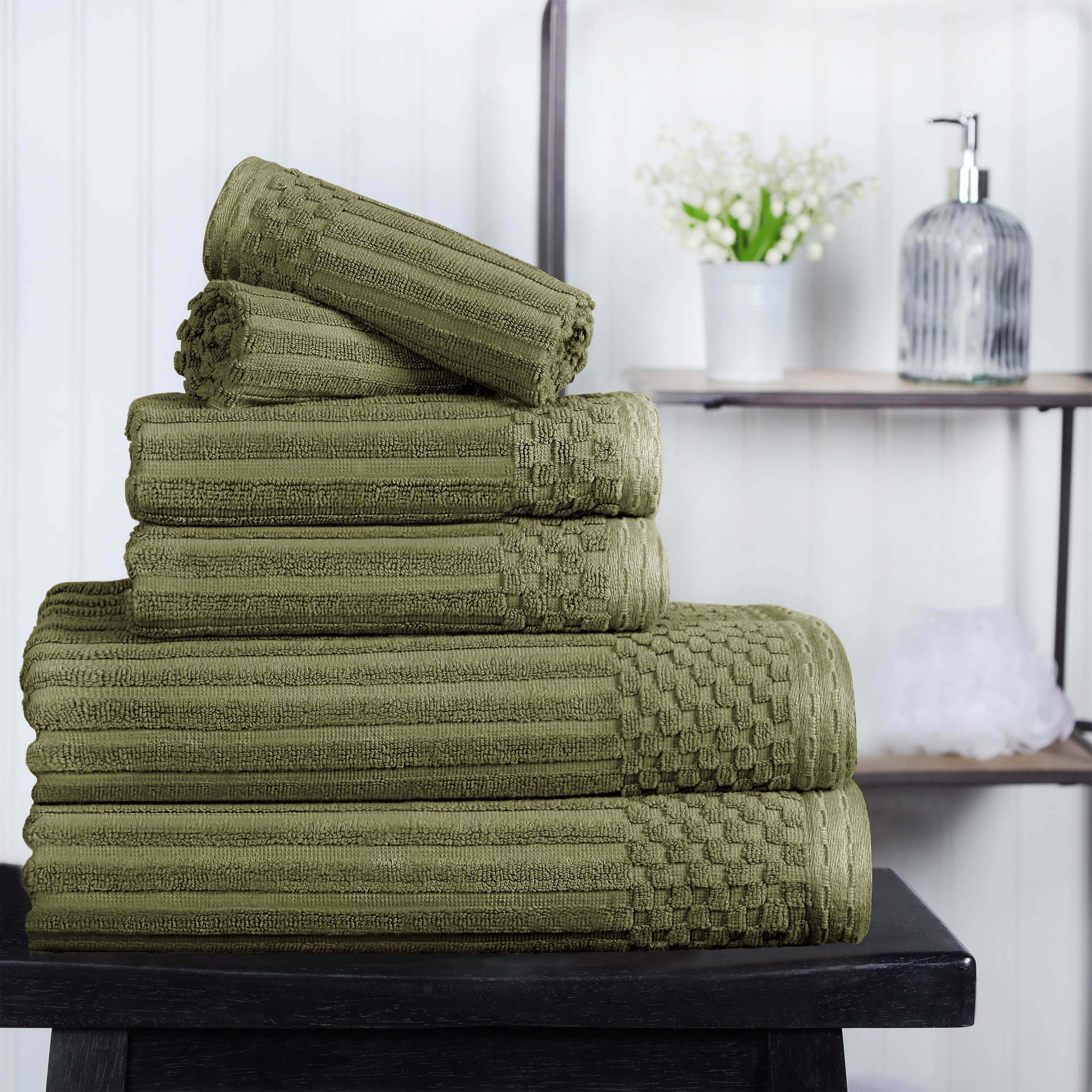 Premium 6-Piece Cotton Ribbed Textured Towel Set - Medium Weight, Soft & Absorbent for Bath, Spa, and Guest Use